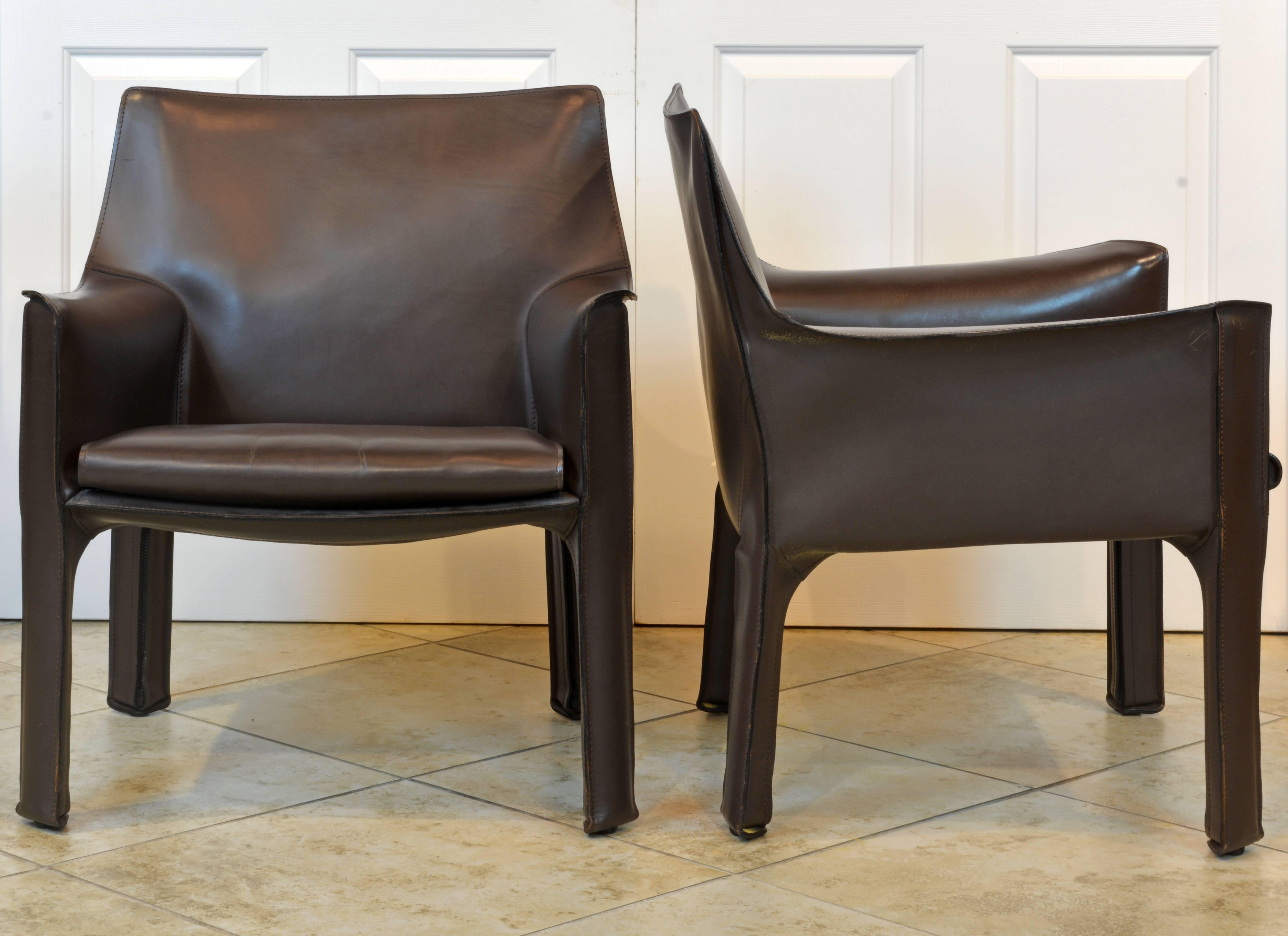 Modern Pair of Mario Bellini Design Leather Cab Lounge Chairs by Cassina, Italy