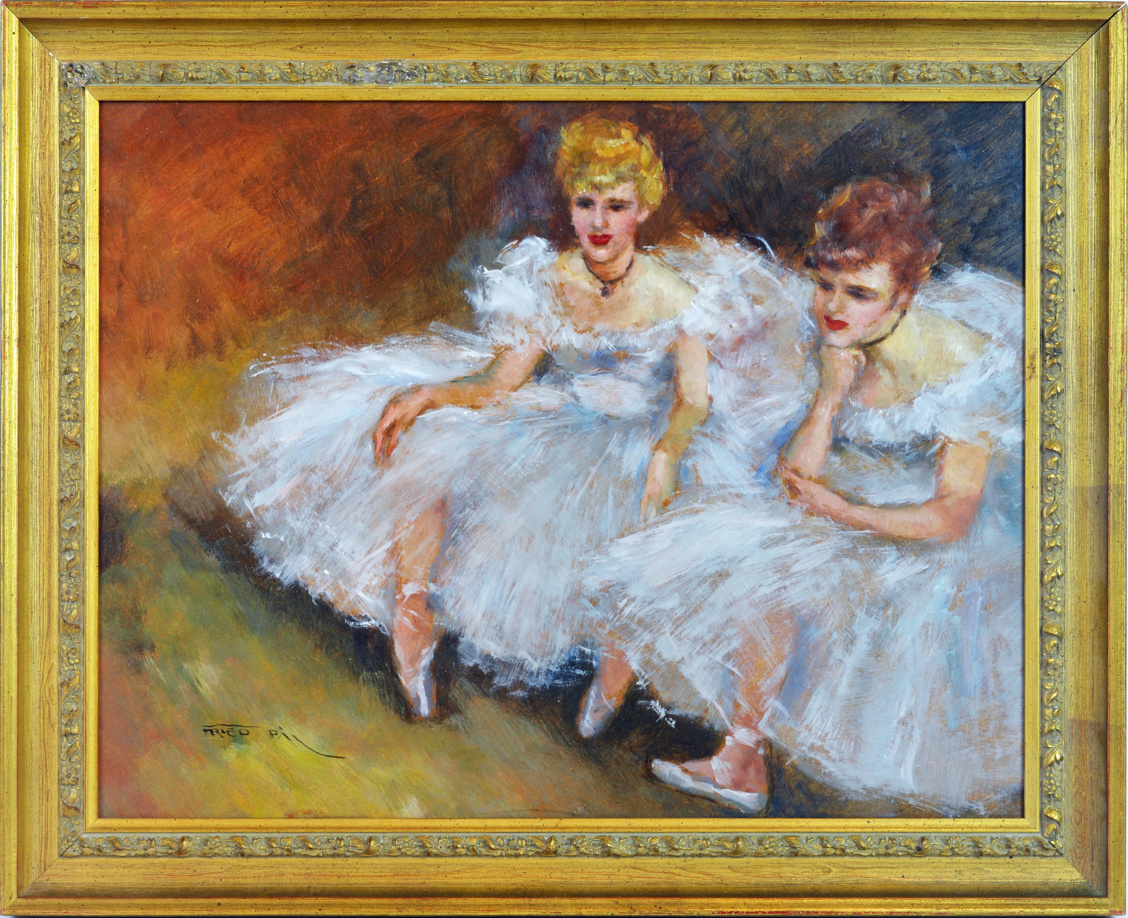 'The Ballerinas'
By Fried Pal, Hungarian 1893-1976.
Measure: 17 x 22 in. without frame, 25 x 30 in. including frame.
Oil on panel.
Signed.
Housed in a vintage frame.

Fried Pal:
Pal Fried was born in Budapest, Hungary in 1893. Fried studied