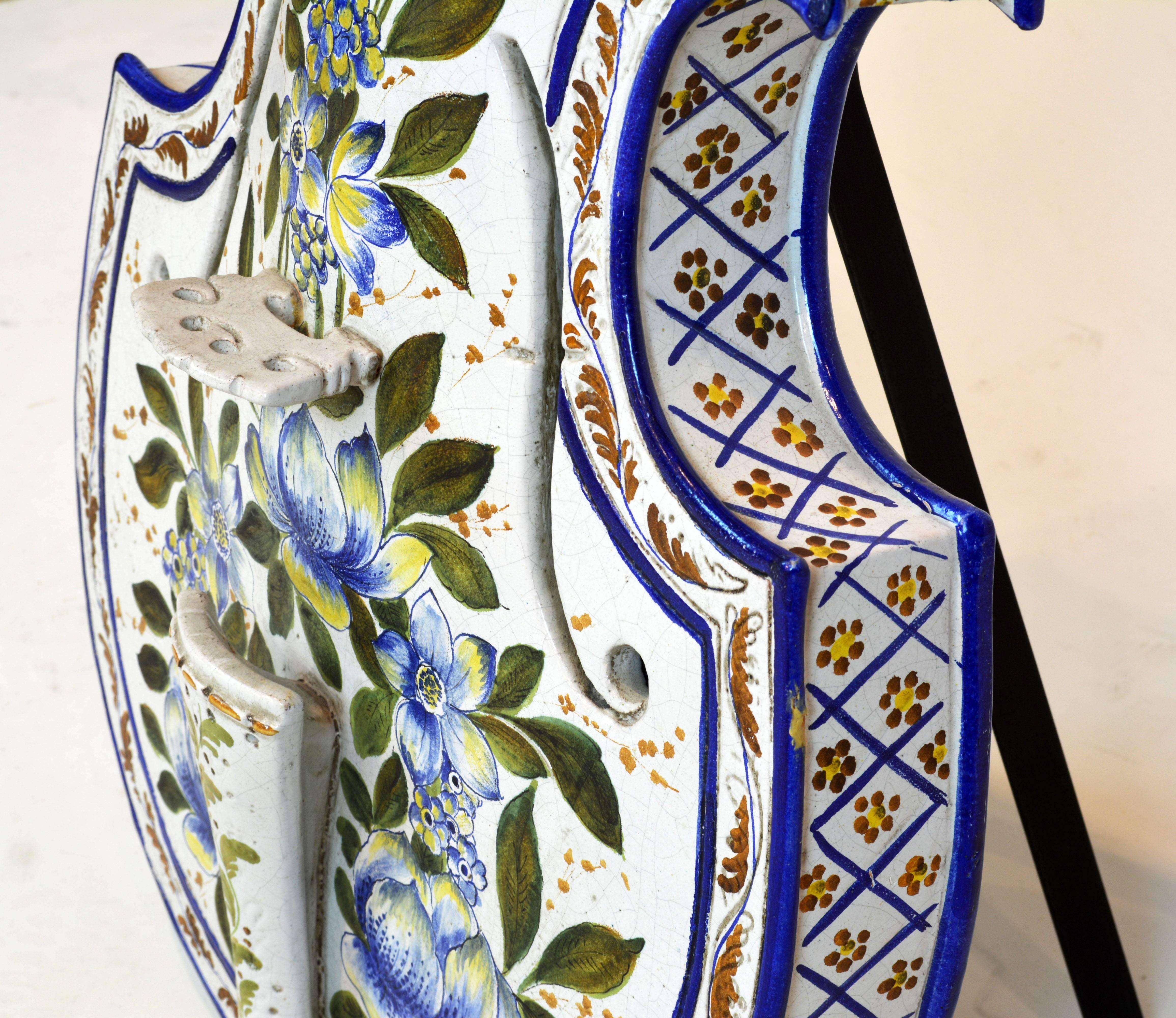 Terracotta Unique Lifesize Italian Majolica 'Viola da Gamba' with Flowers and Leaf Work