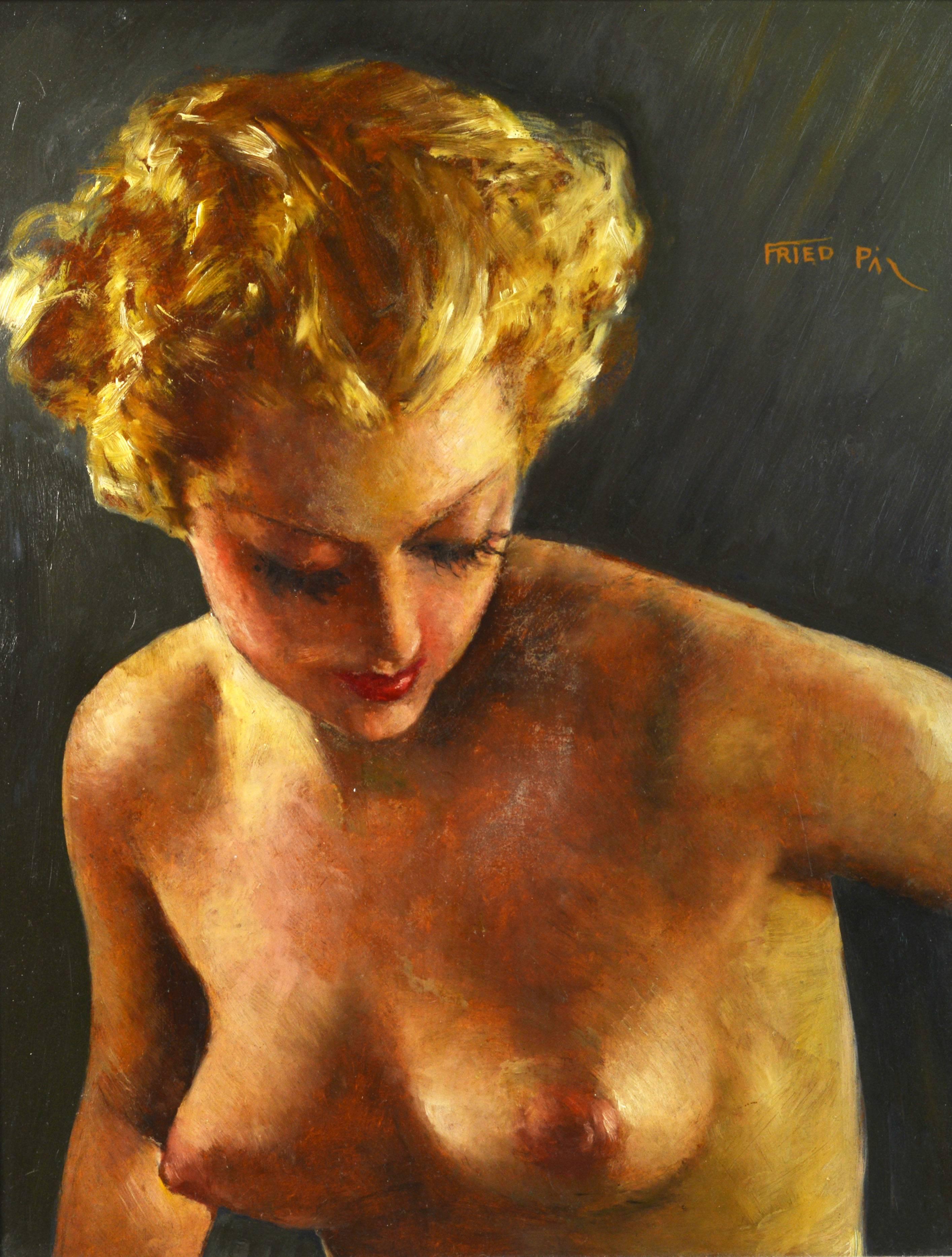 'Erotic Nude'
By Pal Fried, Hungarian, 1893-1976.
Measures: 17 x 22 in. without frame, 25 x 30 in. including frame.
Oil on panel.
Signed.
Housed in a vintage ornate frame.

Fried Pal:
Pal Fried was born in Budapest, Hungary in 1893. Fried