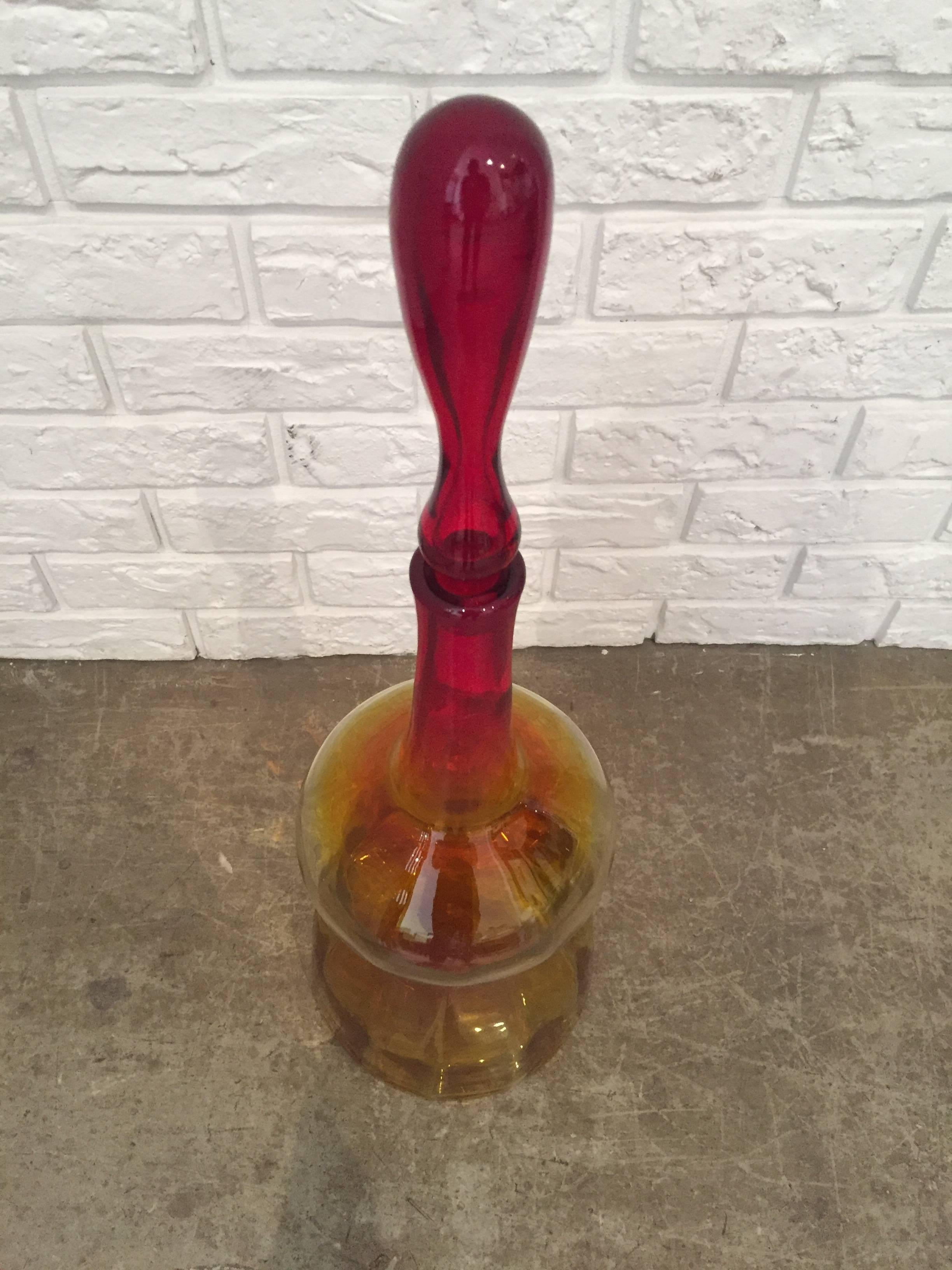 Joel Myers for Blenko Glass ombre orange floor decanter with stopper. Additional 15% discount for the set of 4.