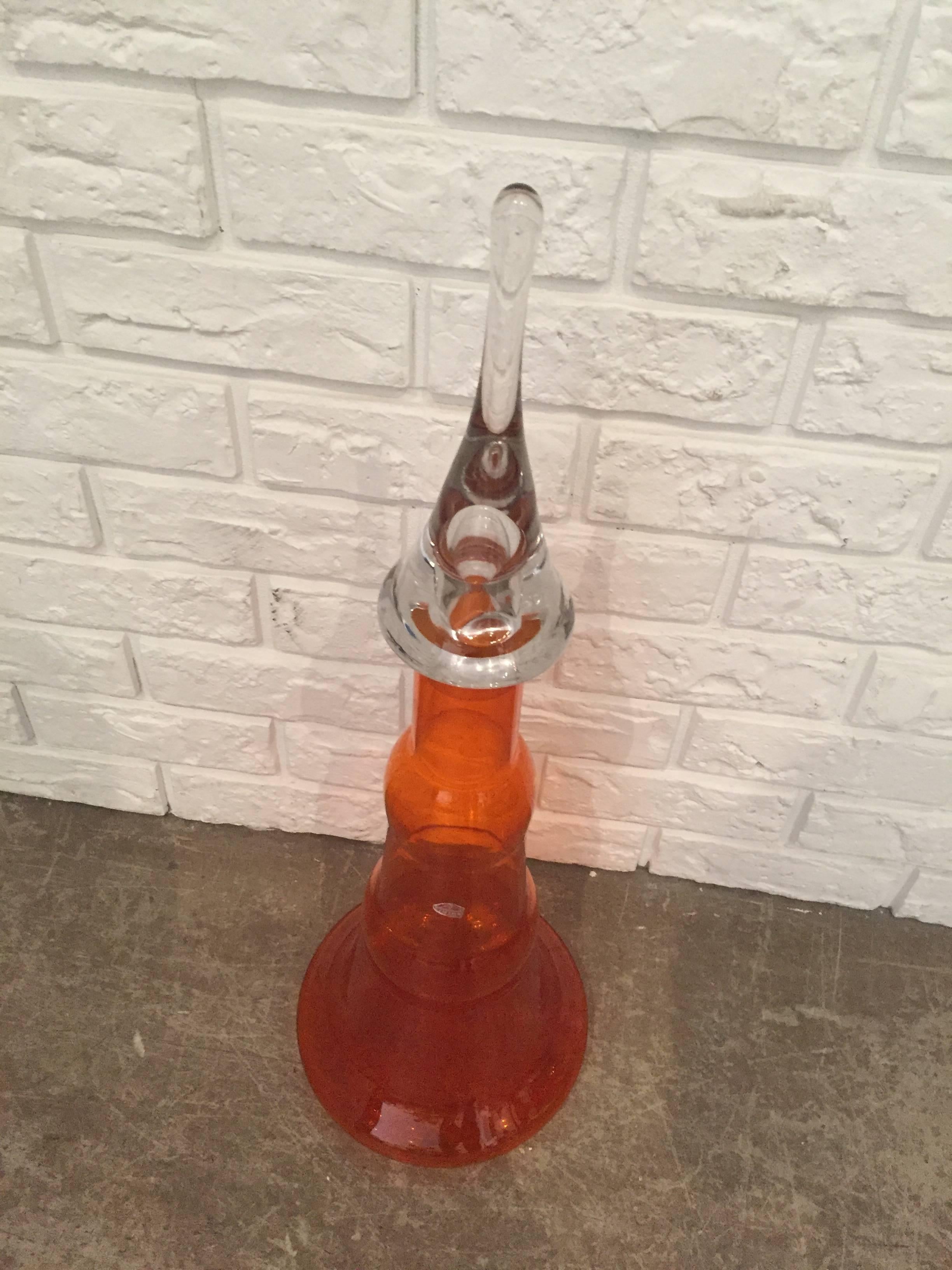 Viking glass orange decanter with clear original sticker intact.