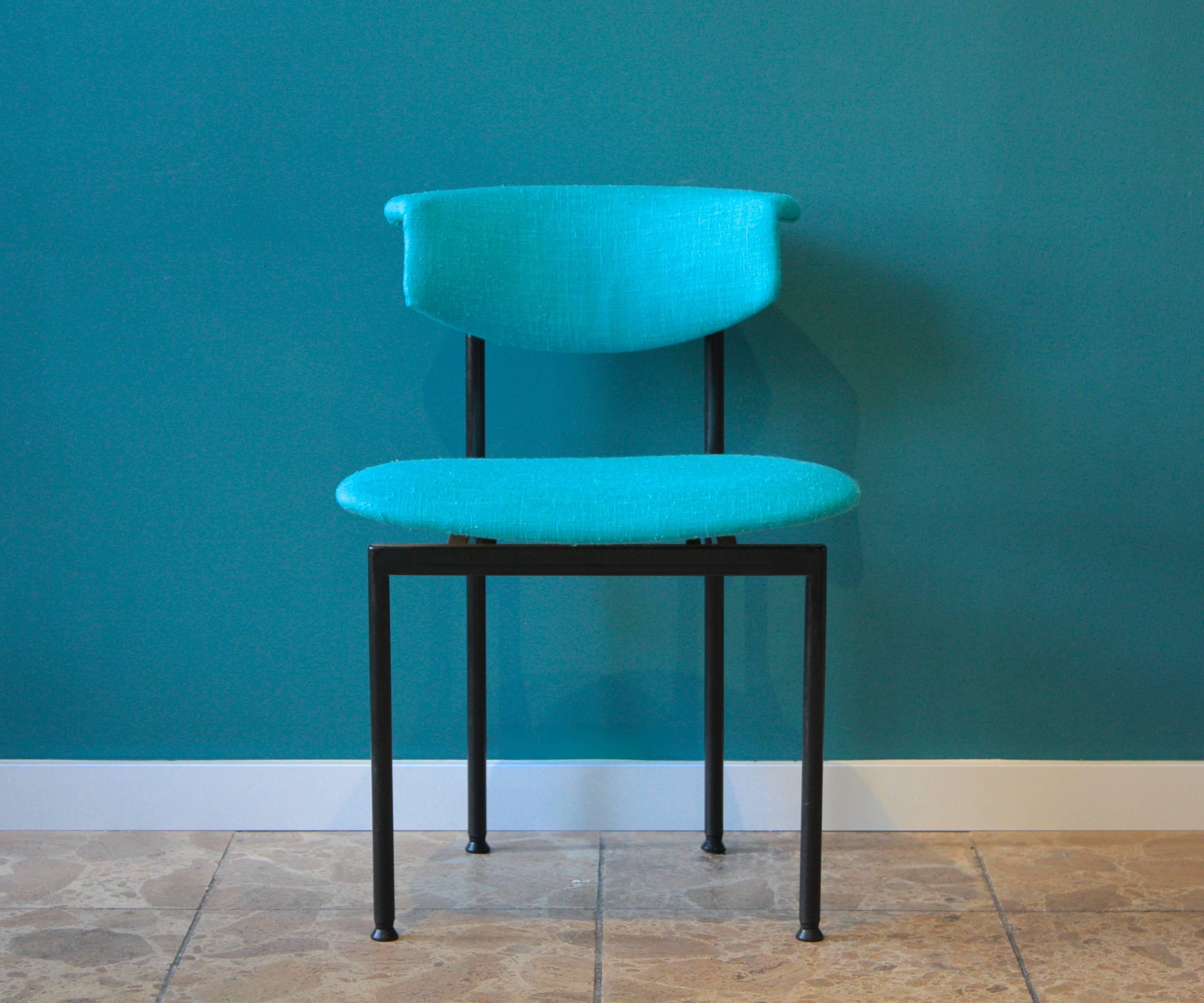 Set of six dining chairs, model alpha from the Meander series, designed by Rudolf Wolf. Manufactured by Meander (Netherlands) in the 1960s. Black lackered steel structure. The chairs have been reupholstered with a bright turquoise fabric.