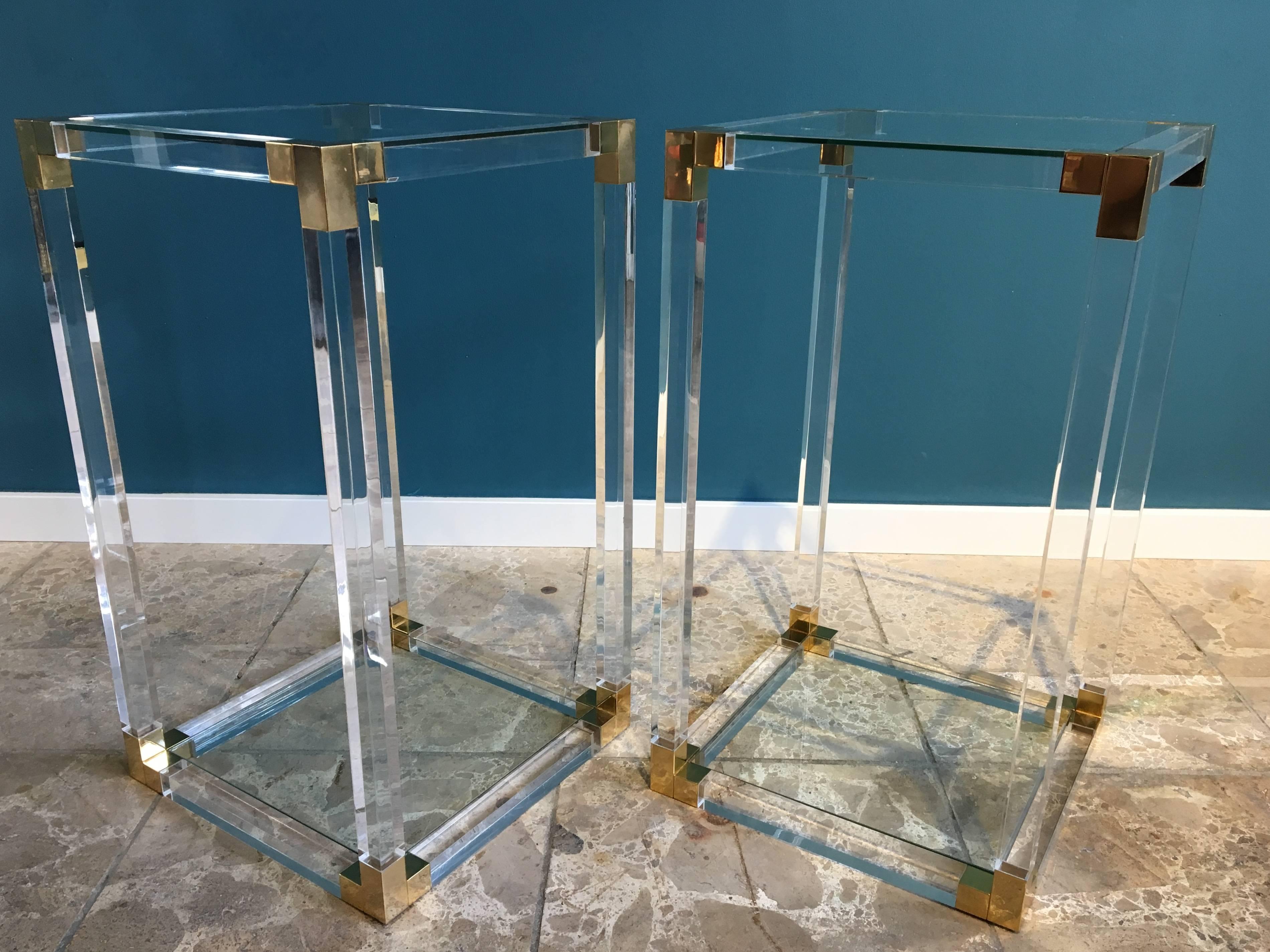 Unknown Pair of Midcentury Side Tables in Lucite Acrylic and Brass