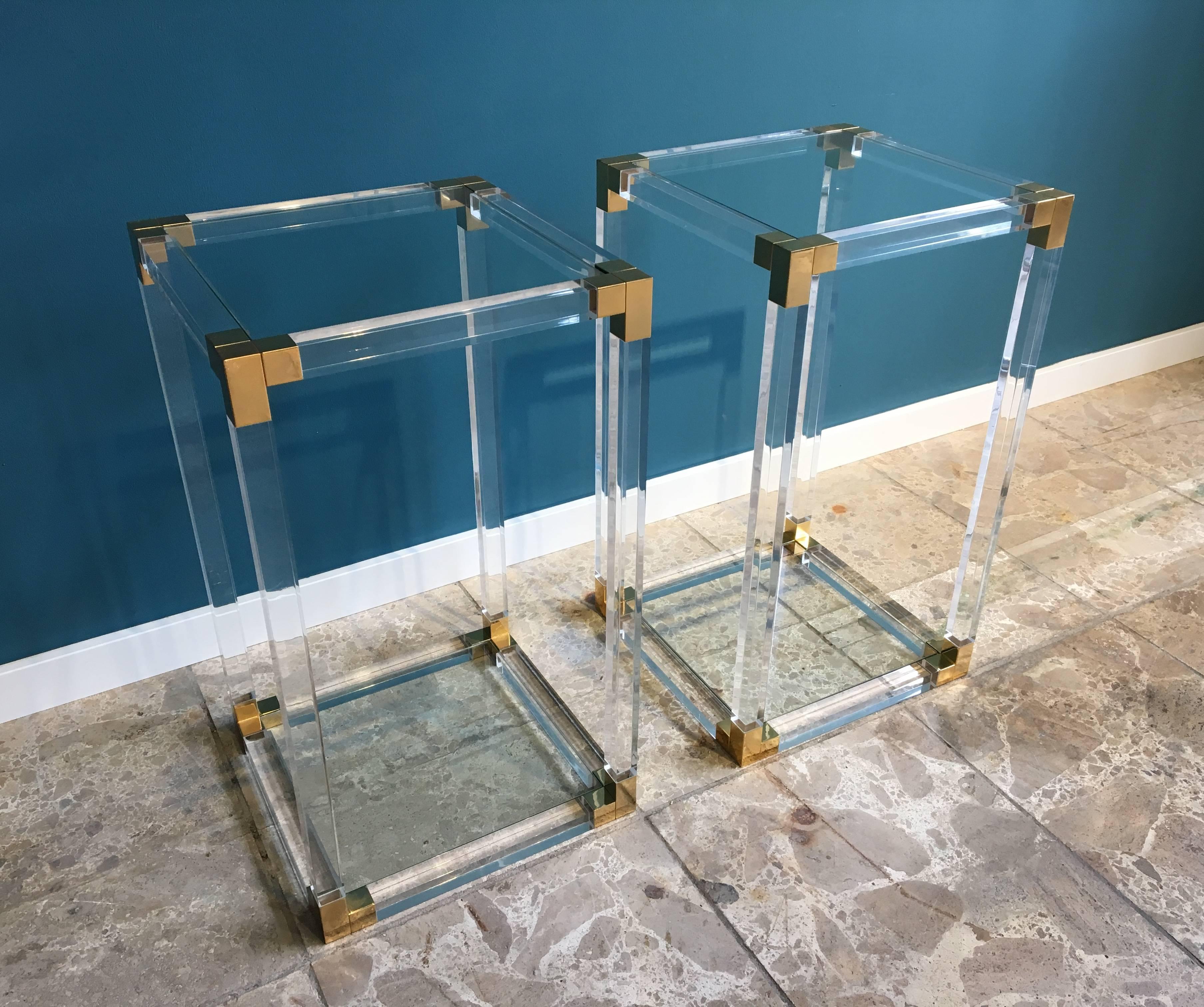 20th Century Pair of Midcentury Side Tables in Lucite Acrylic and Brass