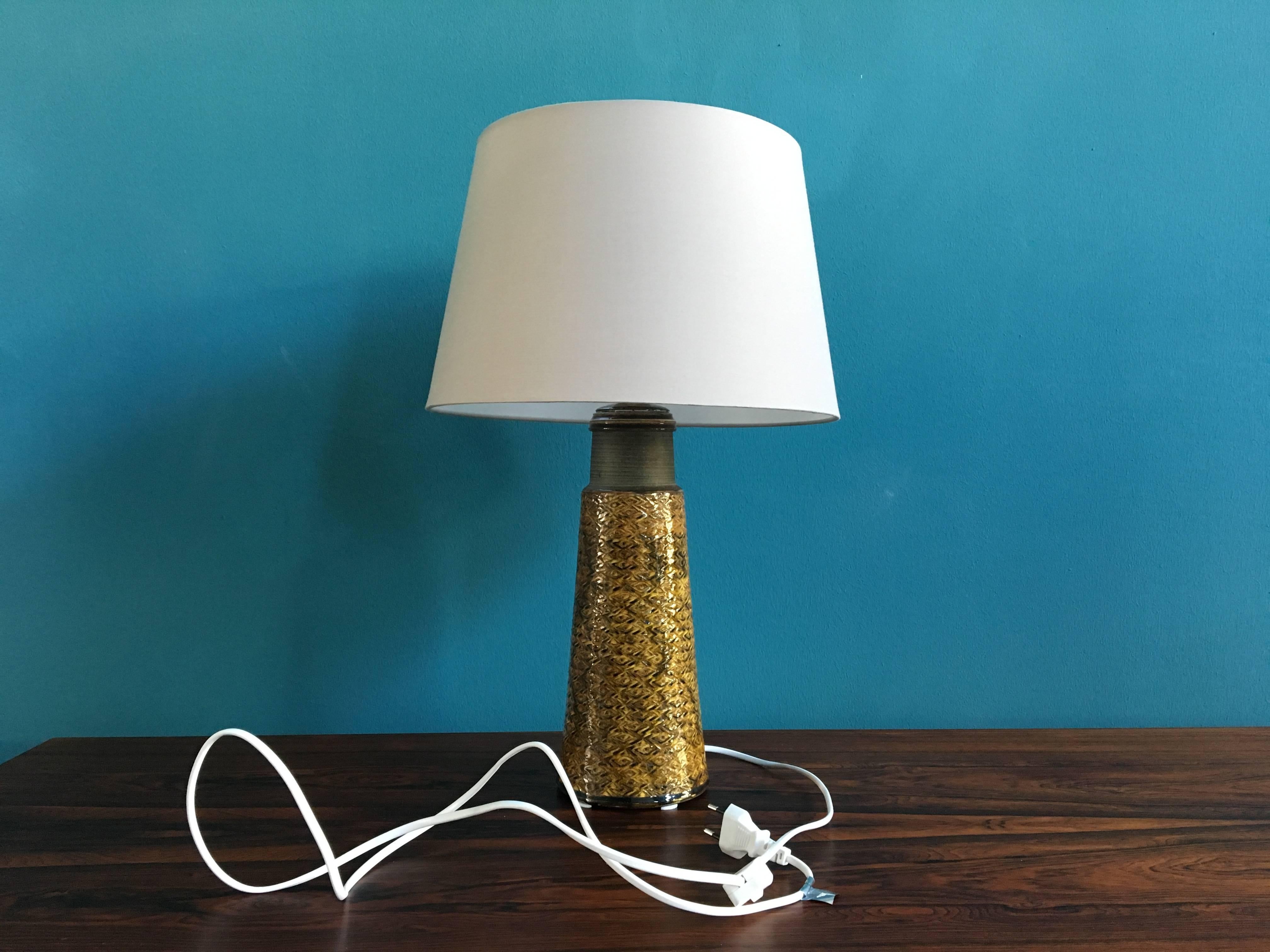 Mid-Century Modern Large Stoneware Table Lamp with Mustard Colored Glazing by Nils Kähler, Denmark