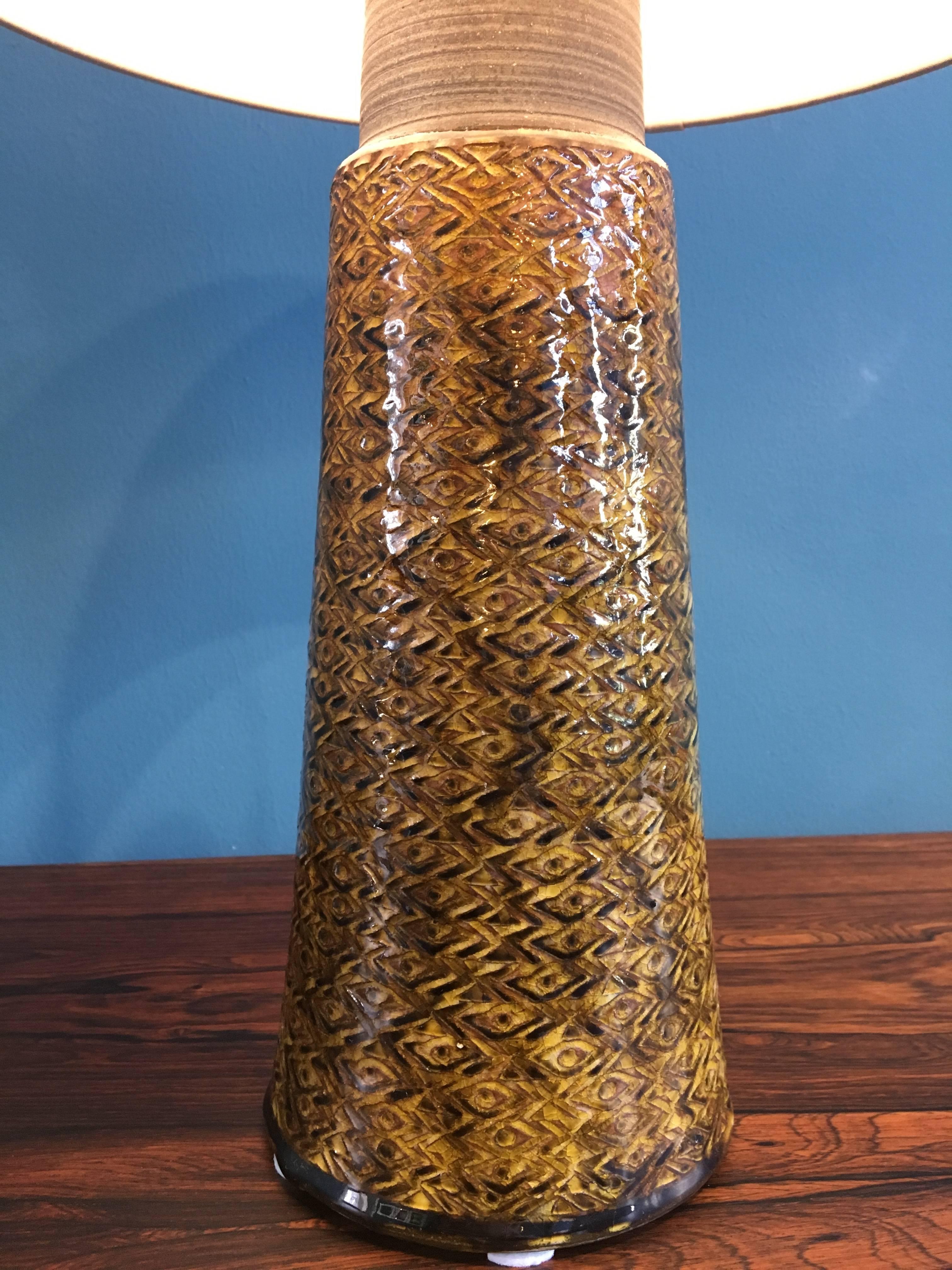 Large Stoneware Table Lamp with Mustard Colored Glazing by Nils Kähler, Denmark 1