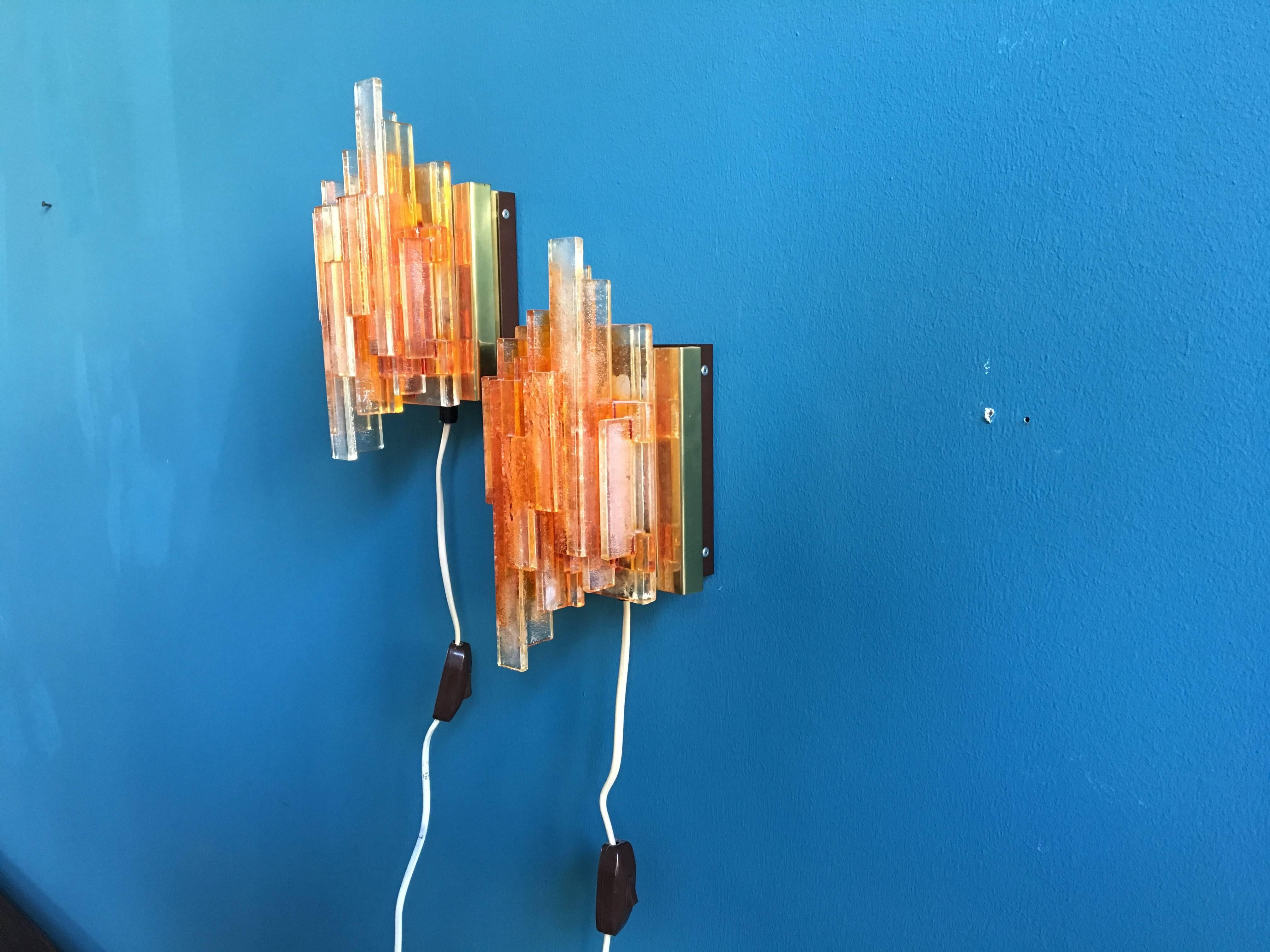 Mid-Century Modern Set of Two Orange Acrylic Wall Lights Model 1004 by Claus Bolby, Denmark, 1970