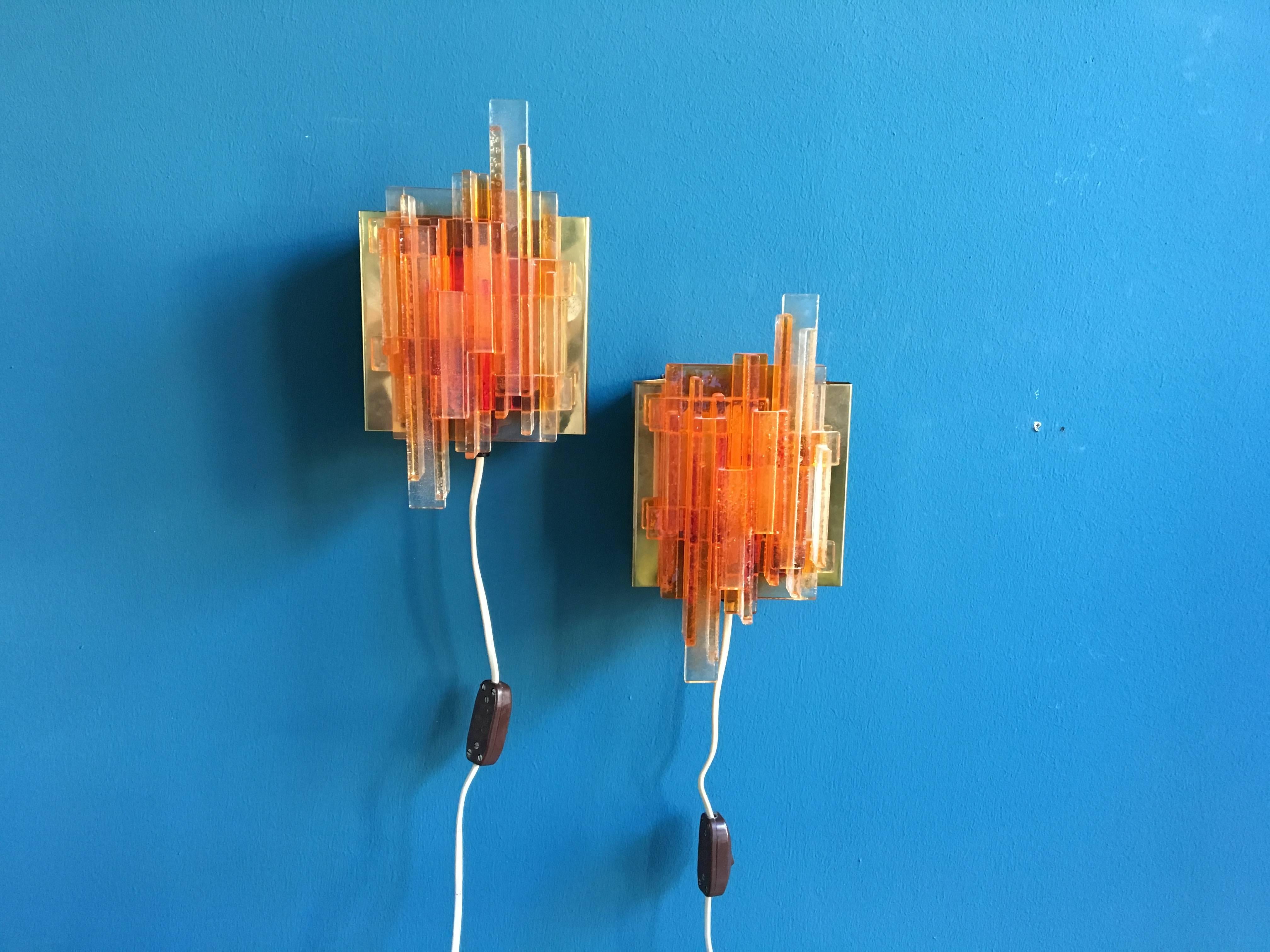 Danish Set of Two Orange Acrylic Wall Lights Model 1004 by Claus Bolby, Denmark, 1970