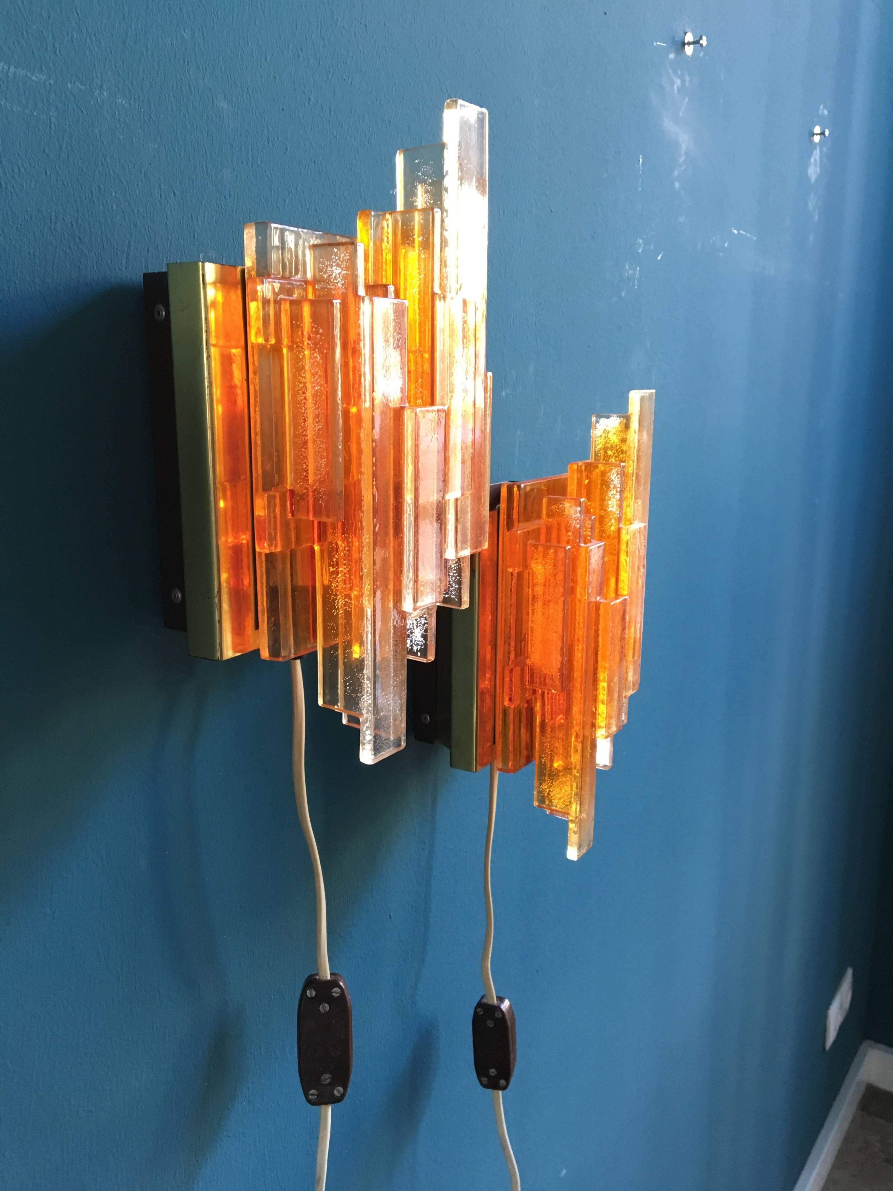 20th Century Set of Two Orange Acrylic Wall Lights Model 1004 by Claus Bolby, Denmark, 1970