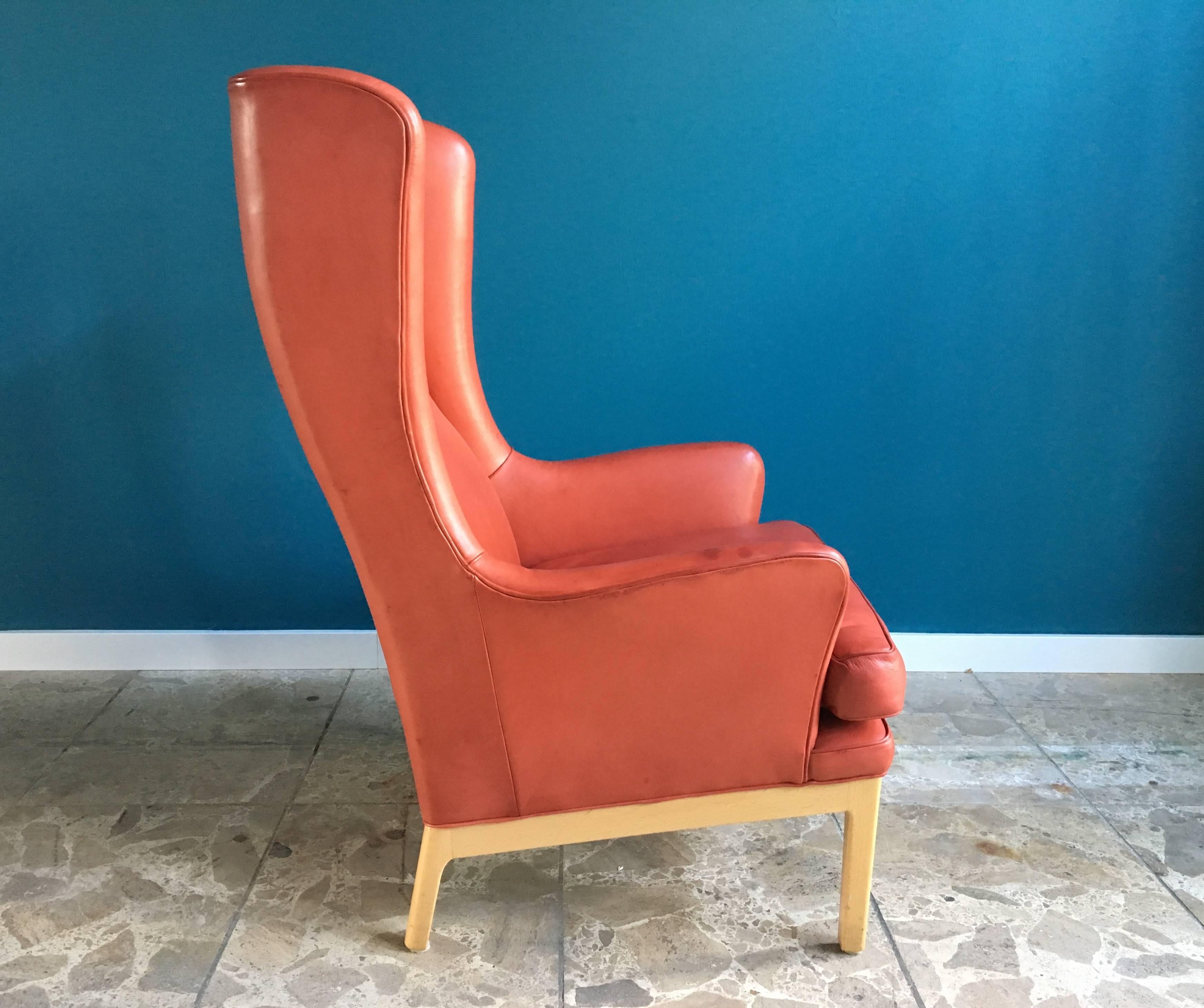 Swedish Vintage Arne Norell Mid-Century Modern Wing Chair in Pink Leather