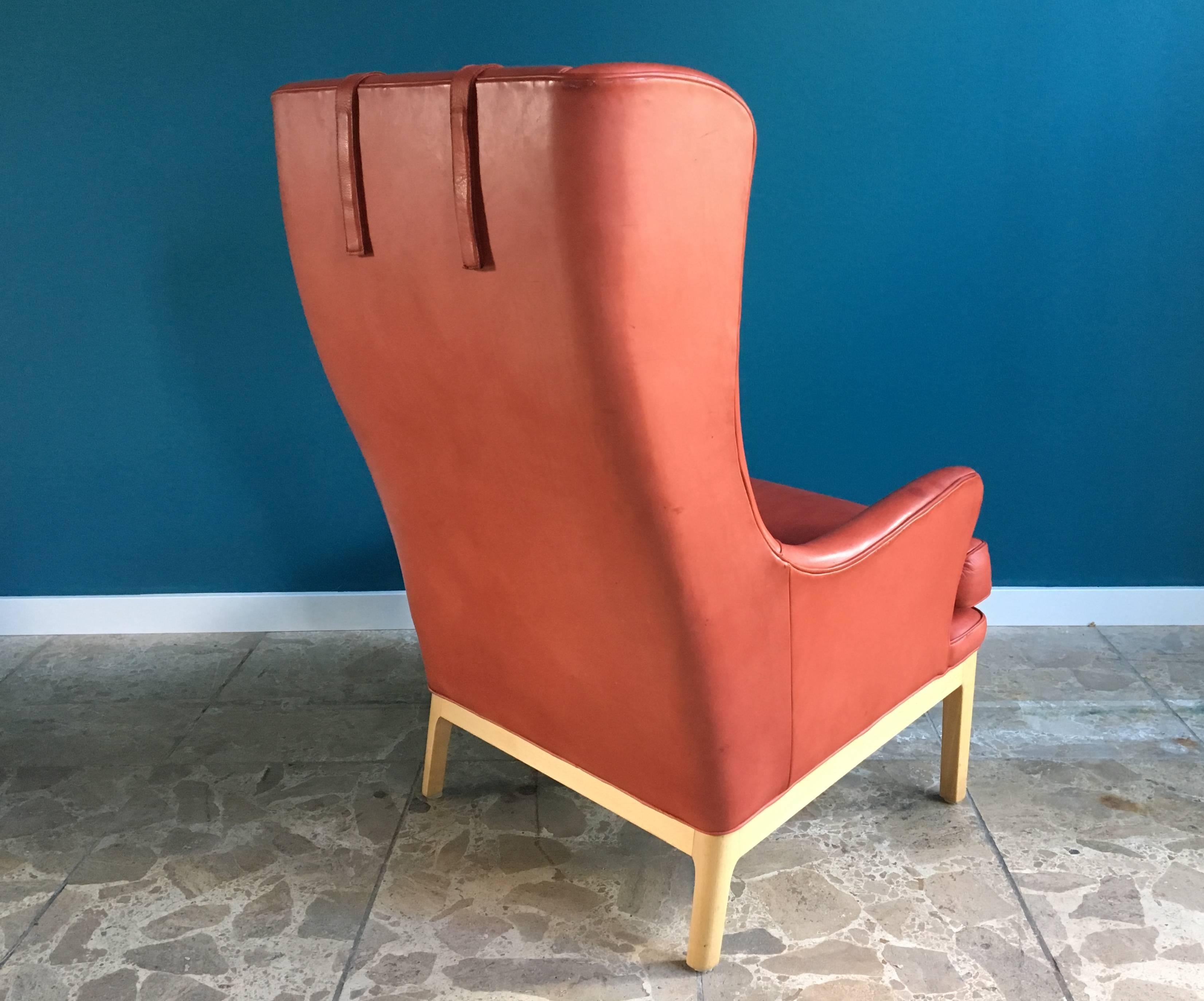 Vintage Arne Norell Mid-Century Modern Wing Chair in Pink Leather In Good Condition In Berlin, DE