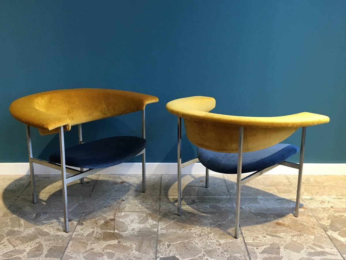Mid-20th Century Pair of Reupholstered Dutch Rudolf Wolf Meander Gamma Chairs in Blue and Gold
