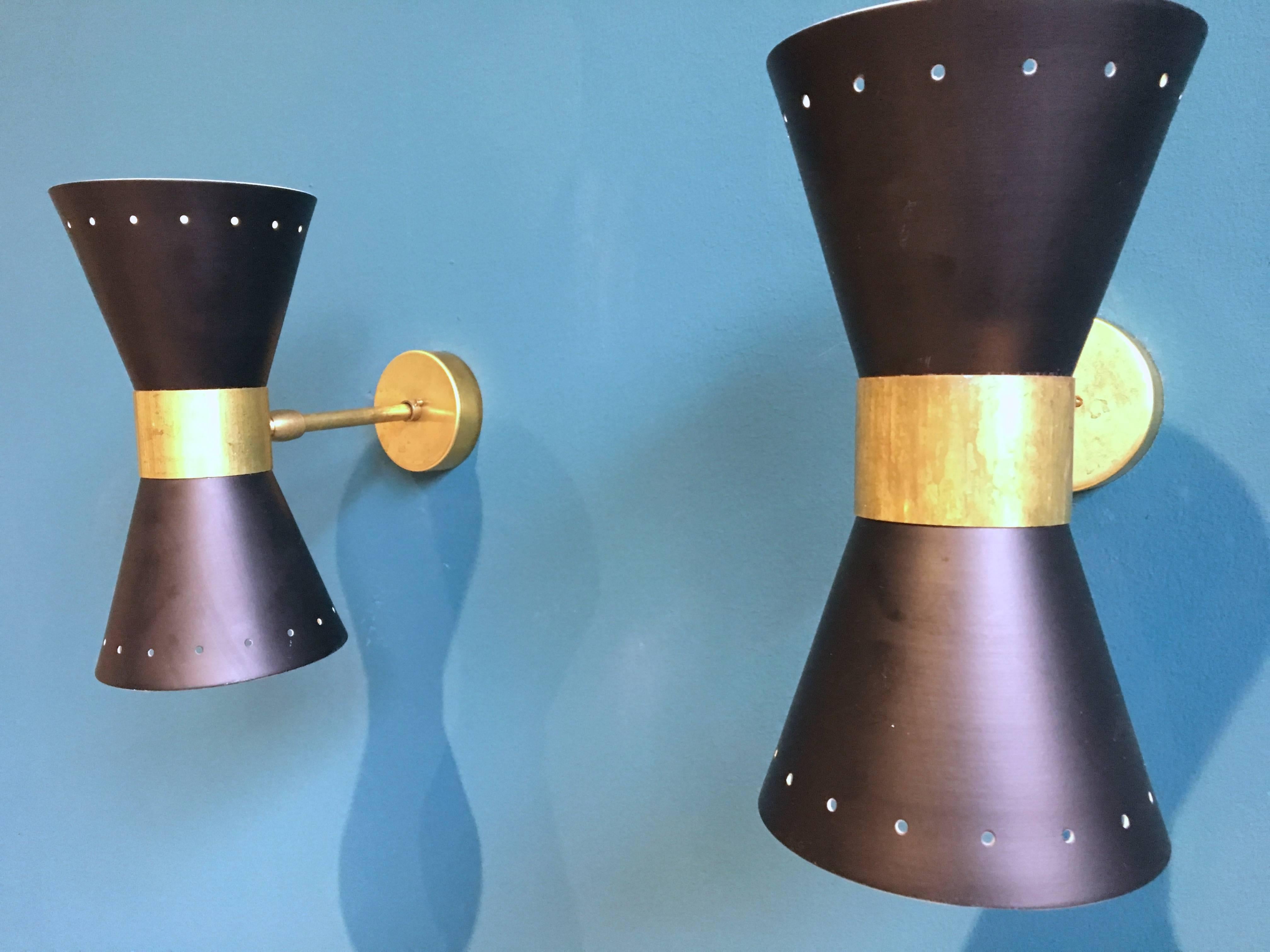 Mid-Century Modern Vintage Adjustable Italian Metal Sconces with Brass Elements, Set of Two