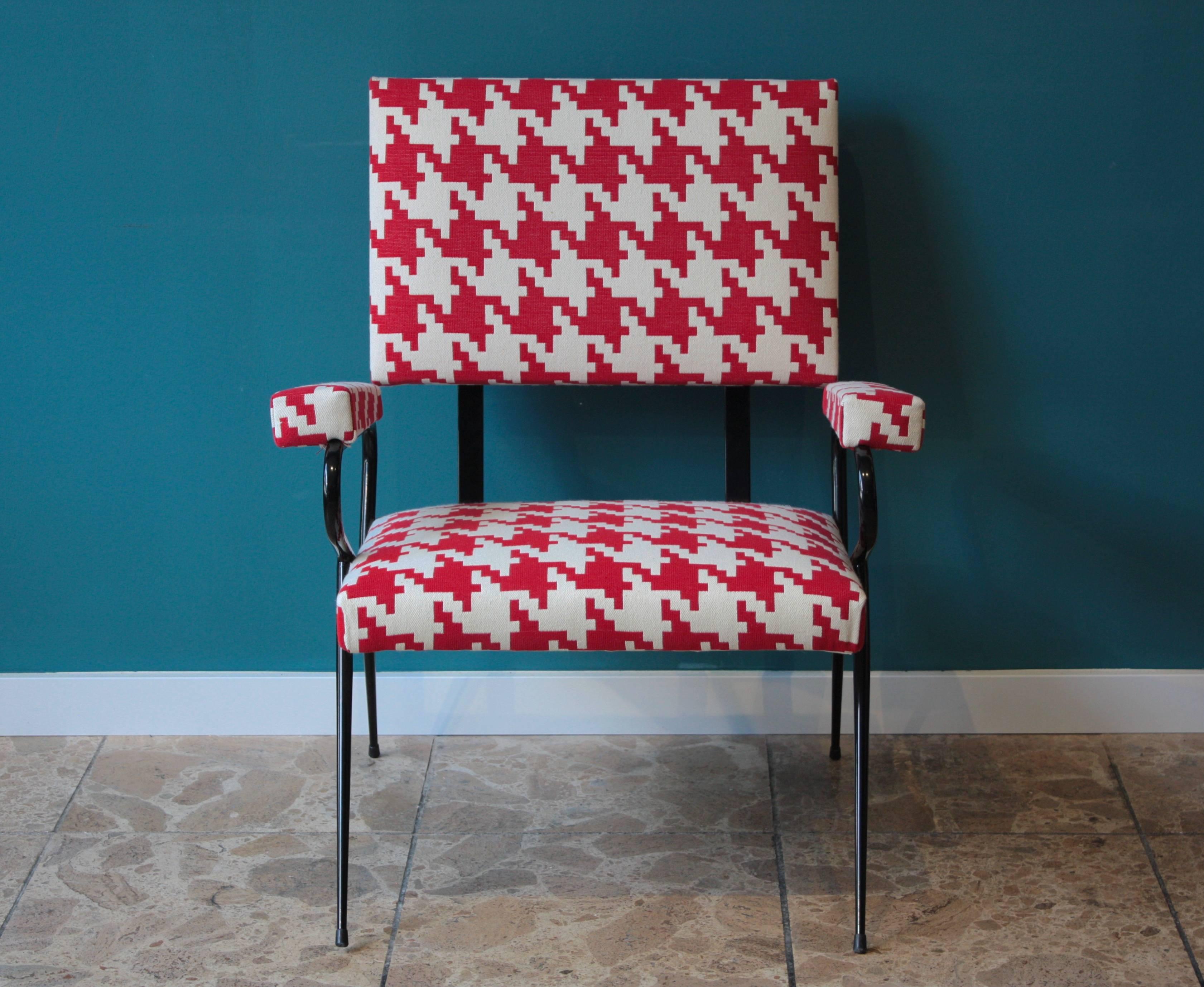 Metal Italian Houndstooth Fabric Lounge Chair, 1950s