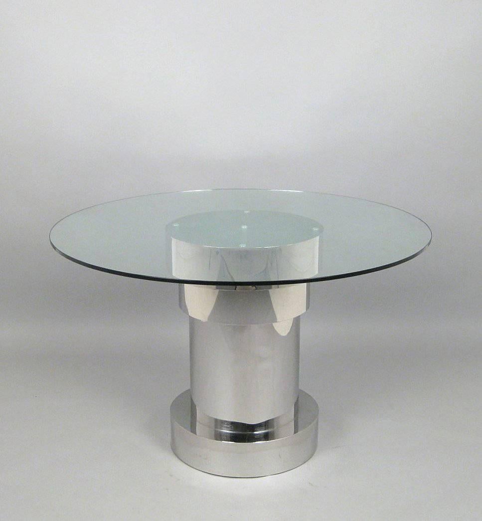 20th Century Modern Italian Dining Table with Circular Glass Top and Metal Clad Base, 1980s