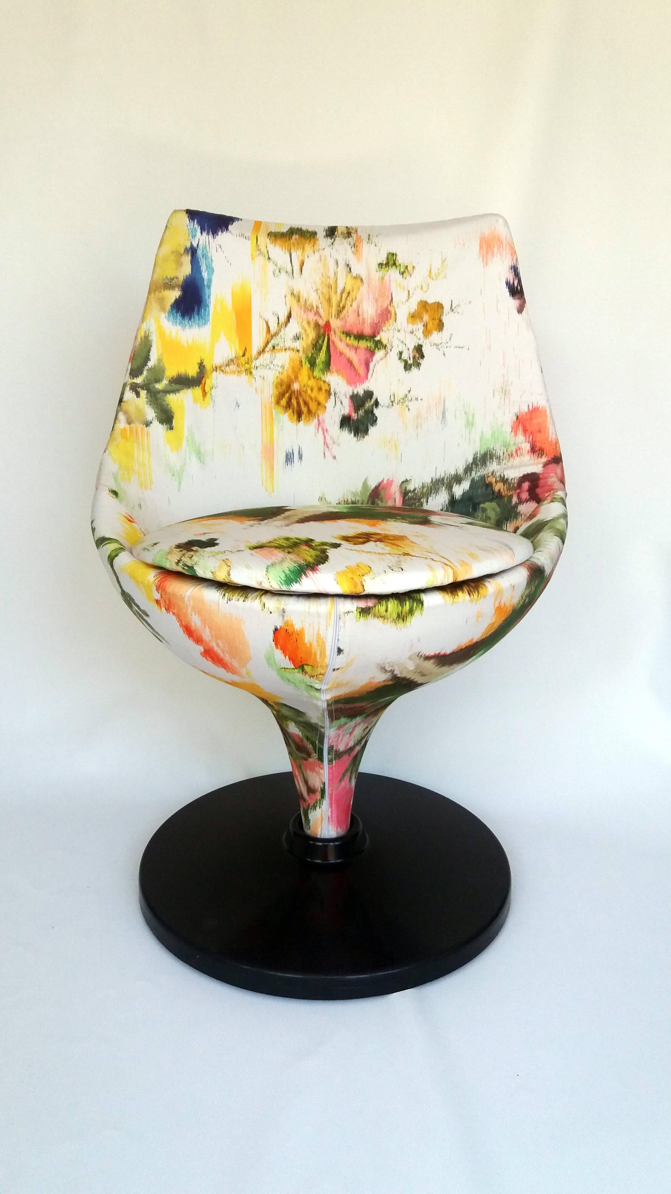 French Pierre Guariche Swivel Chair Upholstered in Christian Lacroix