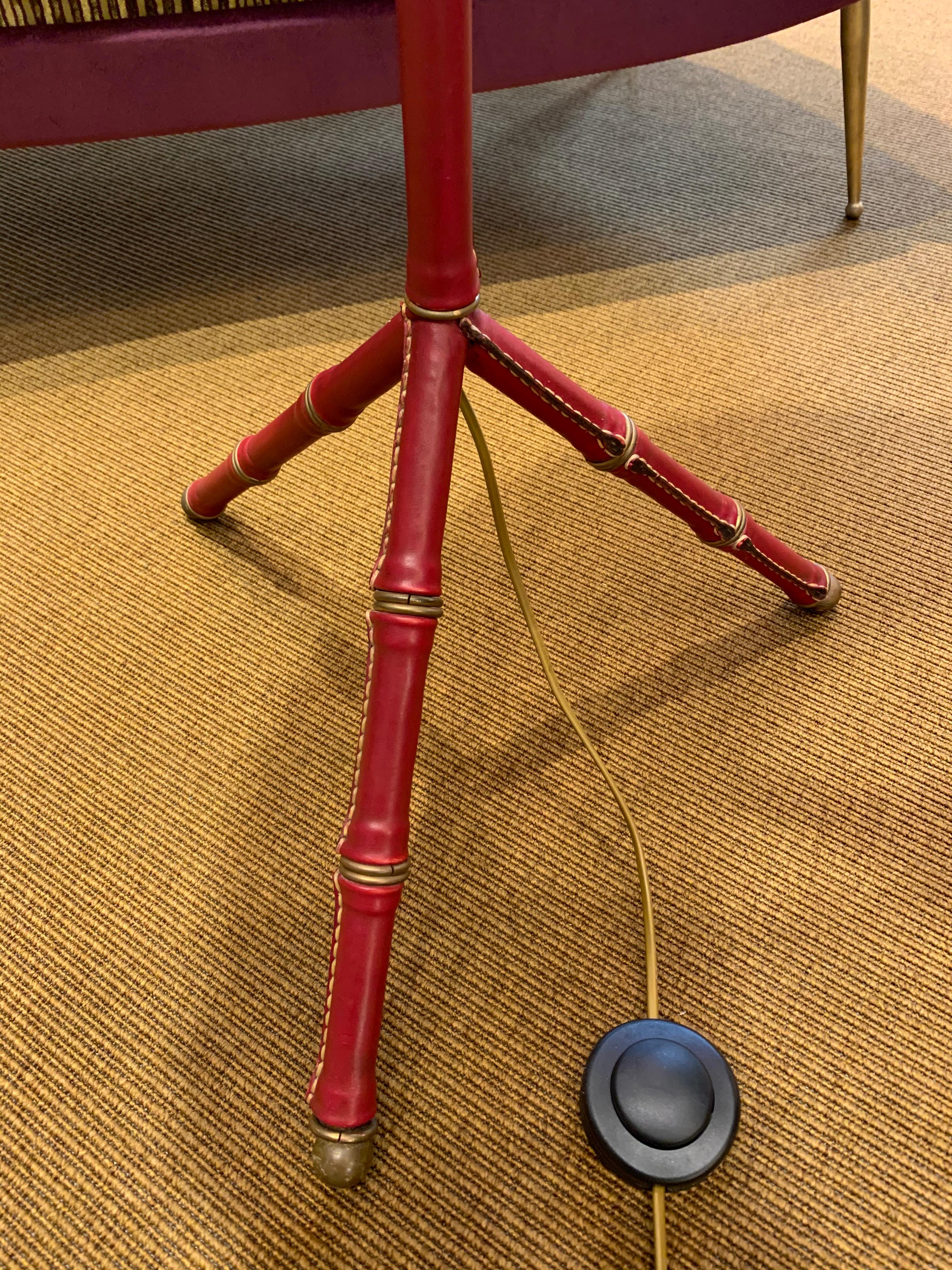 Mid-20th Century Floor Lamp, Jacques Adnet for Hermes, 1960s, France. Red leather