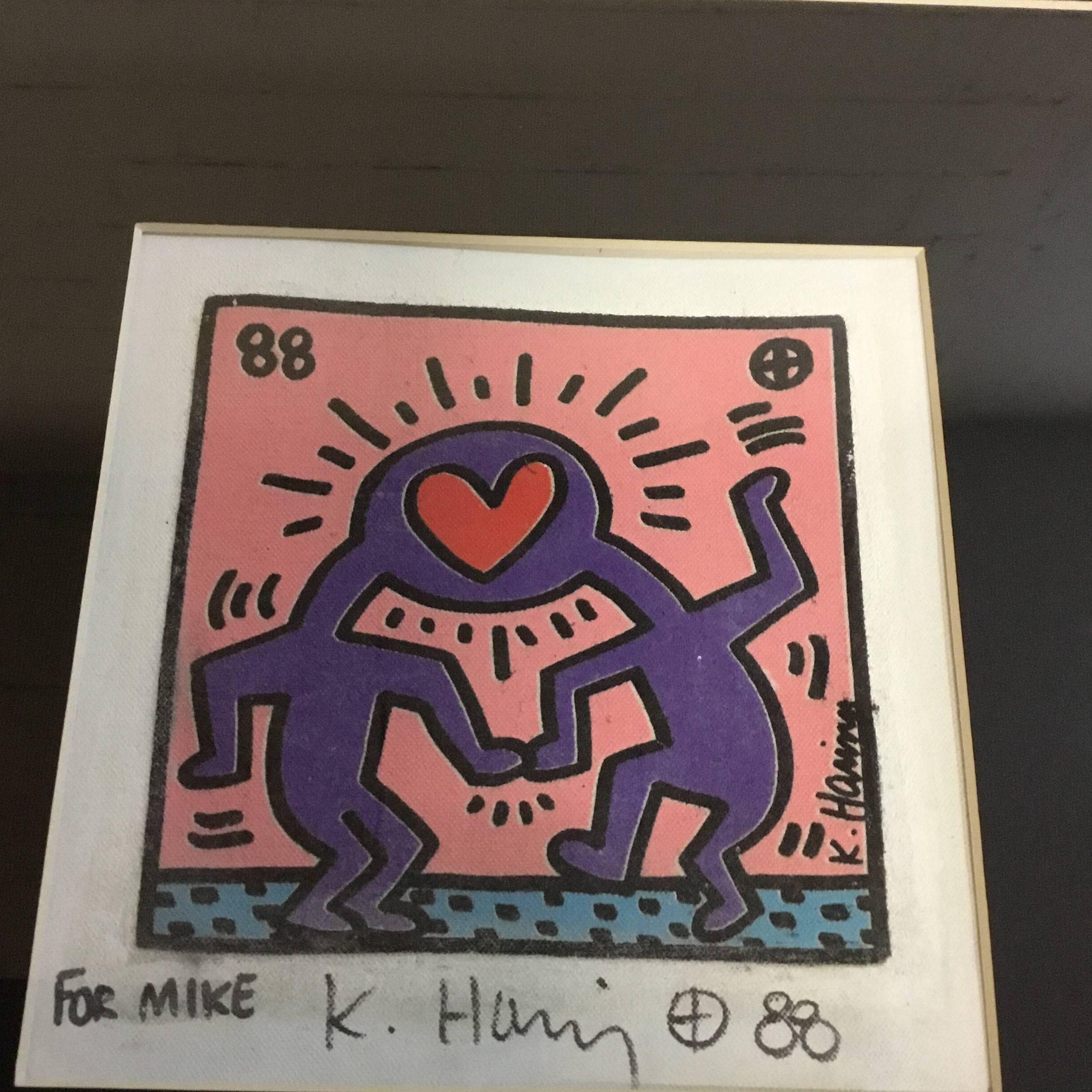 Keith Haring realized this invitation for a friend's wedding, Mike, hand signed by Keith.
Screen-print on canvas
1988