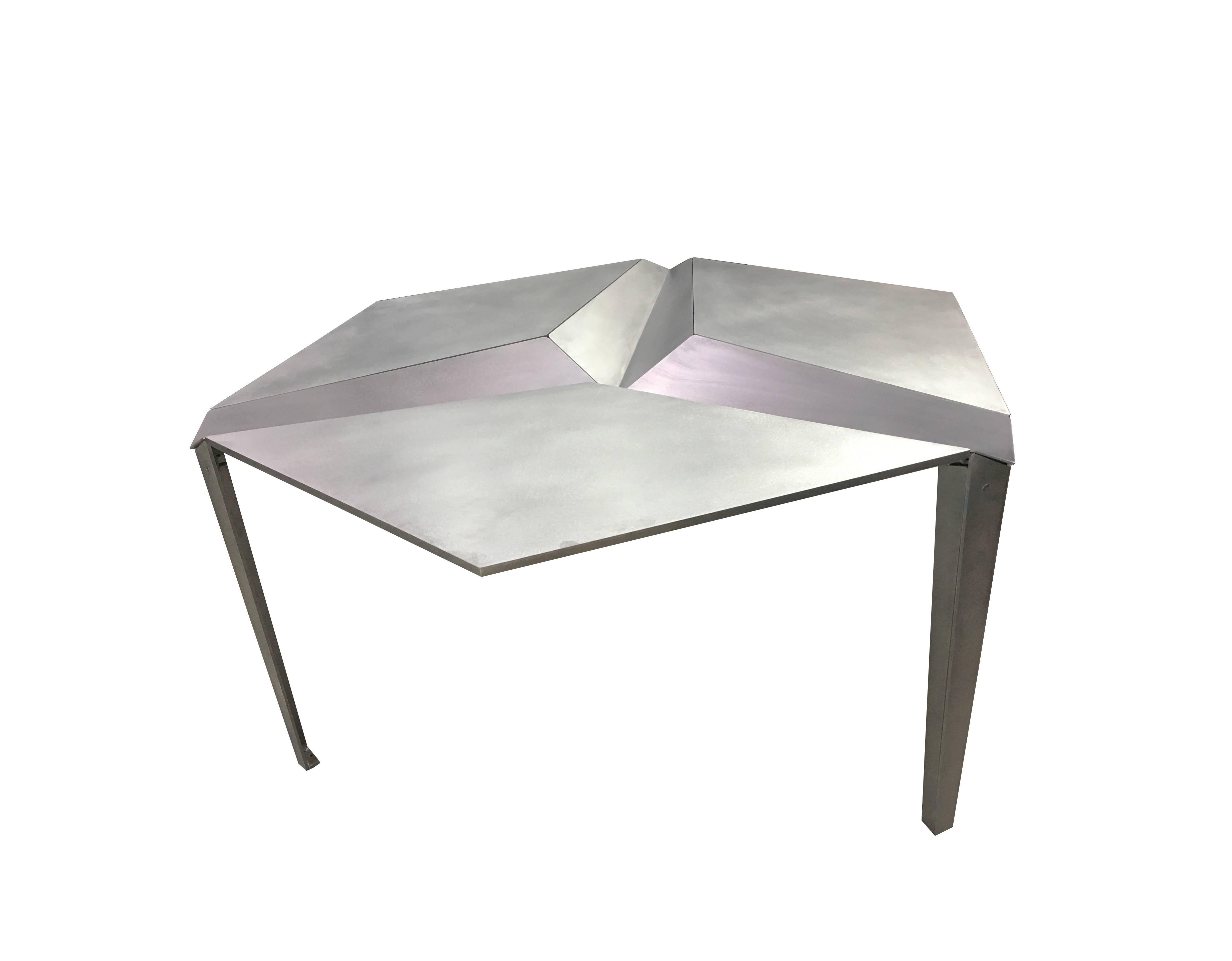 Modern Crystallized Three-Legged Recycled Metal Dining Table, Removable Serving Trays For Sale