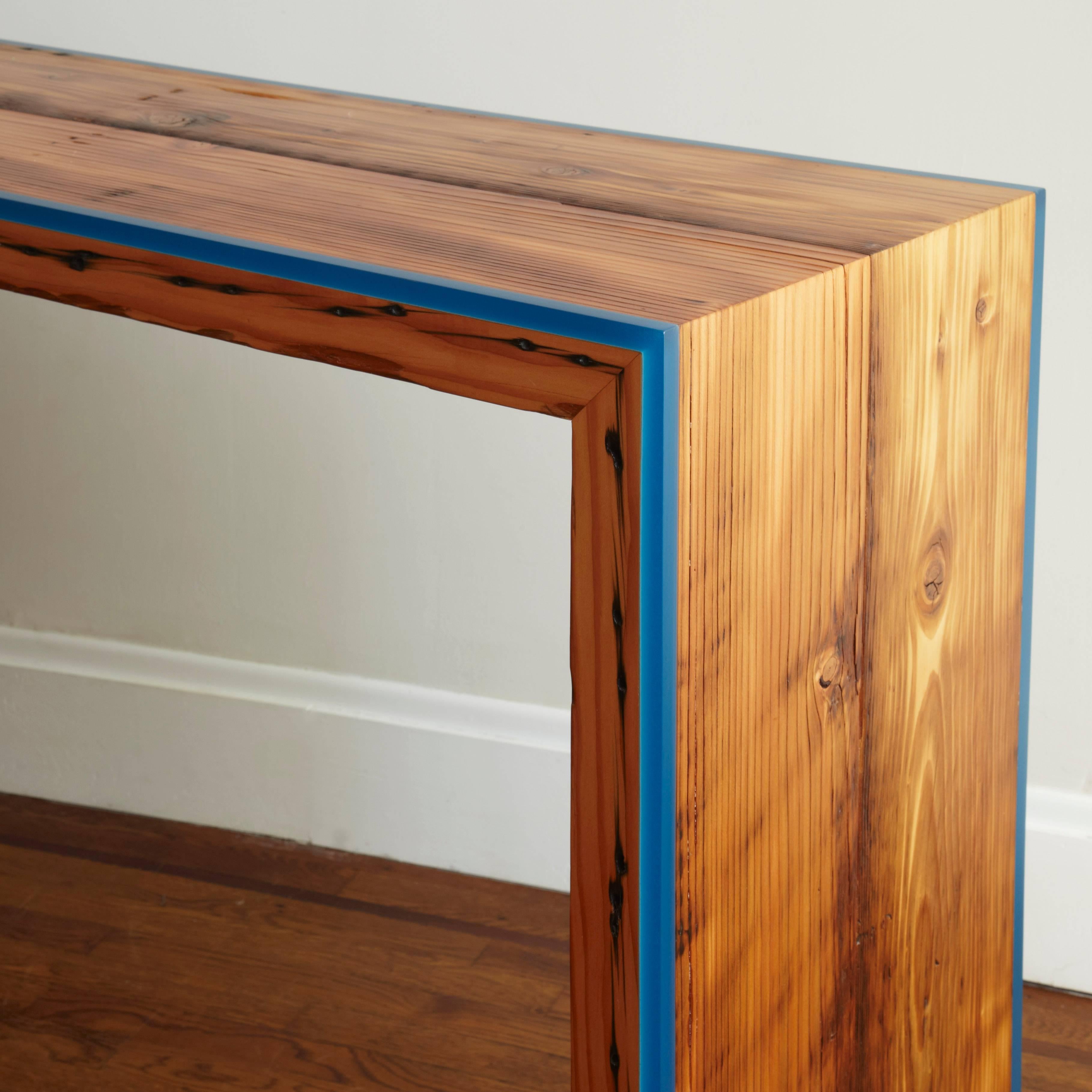 American Custom Monster Island Console Table in Reclaimed Fir, Edged in Resin For Sale