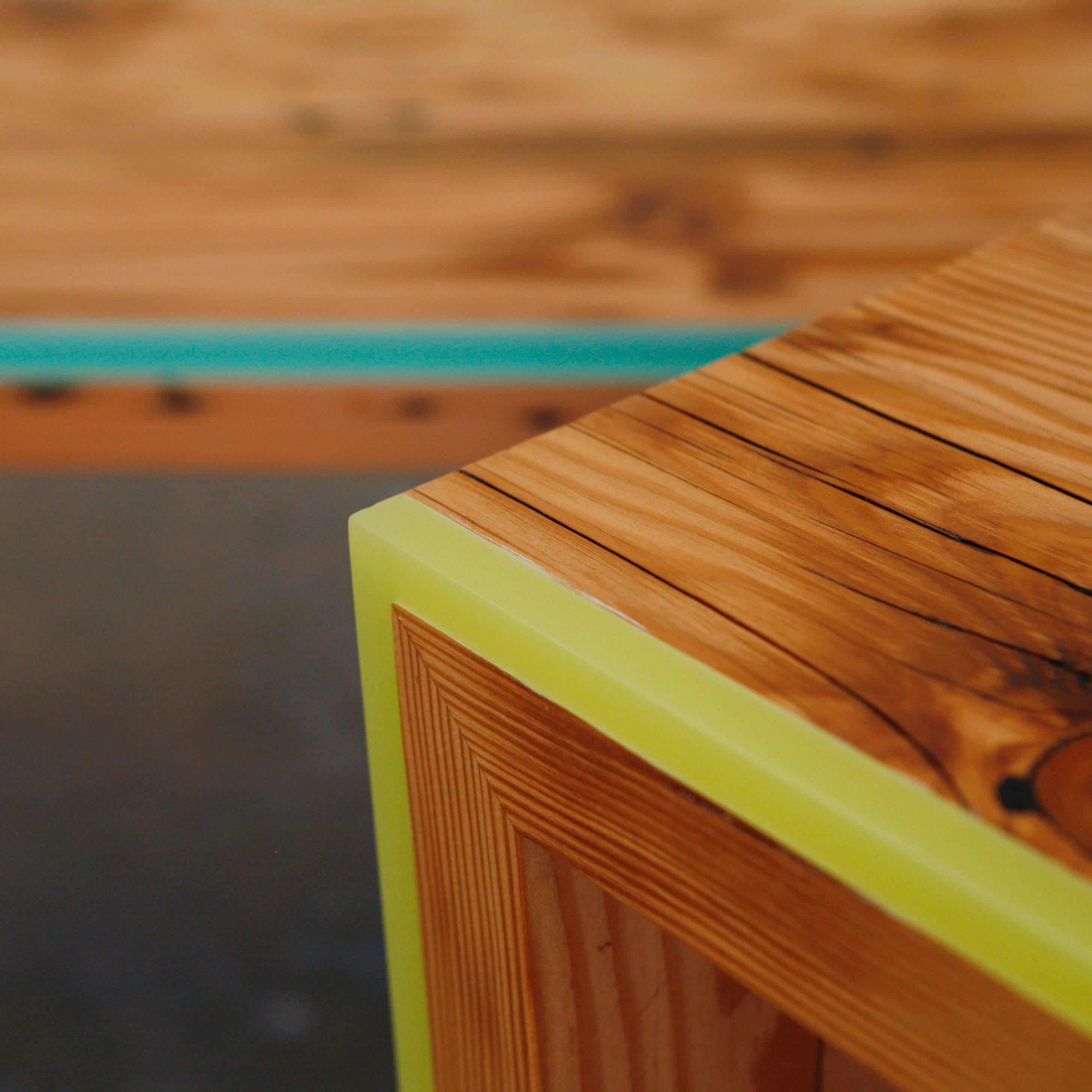 Inlay Custom Monster Island Side Table or Stool in Reclaimed Fir, Edged in Resin For Sale