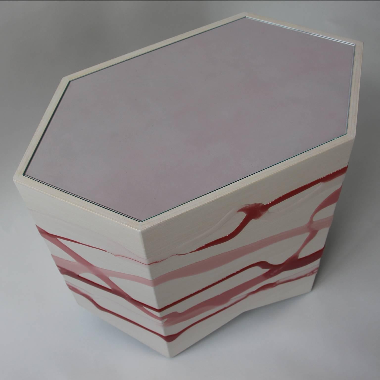 Organic Modern Drip/Fold Side Table - Ash Plywood with Rose-Wine Resin and Leather/Glass Top