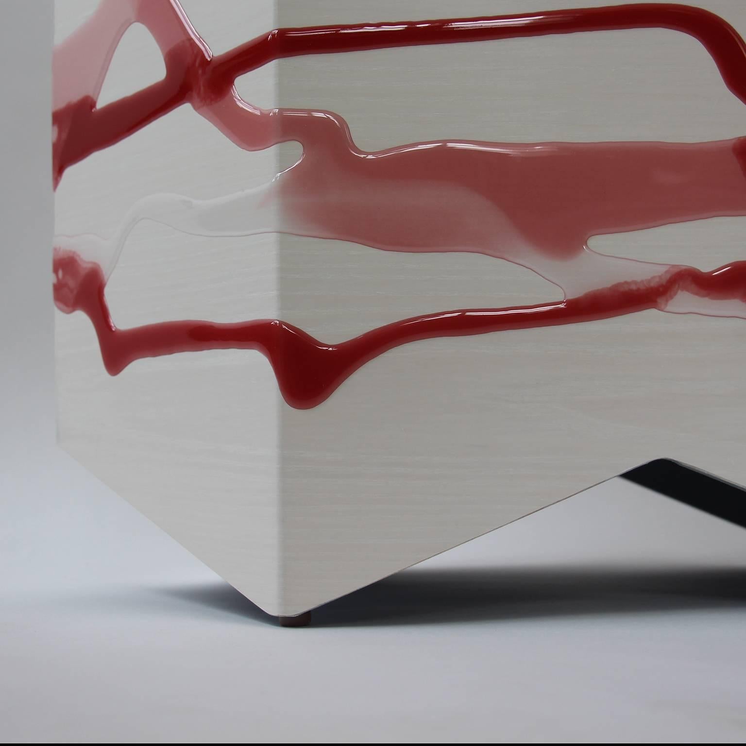 American Drip/Fold Side Table - Ash Plywood with Rose-Wine Resin and Leather/Glass Top