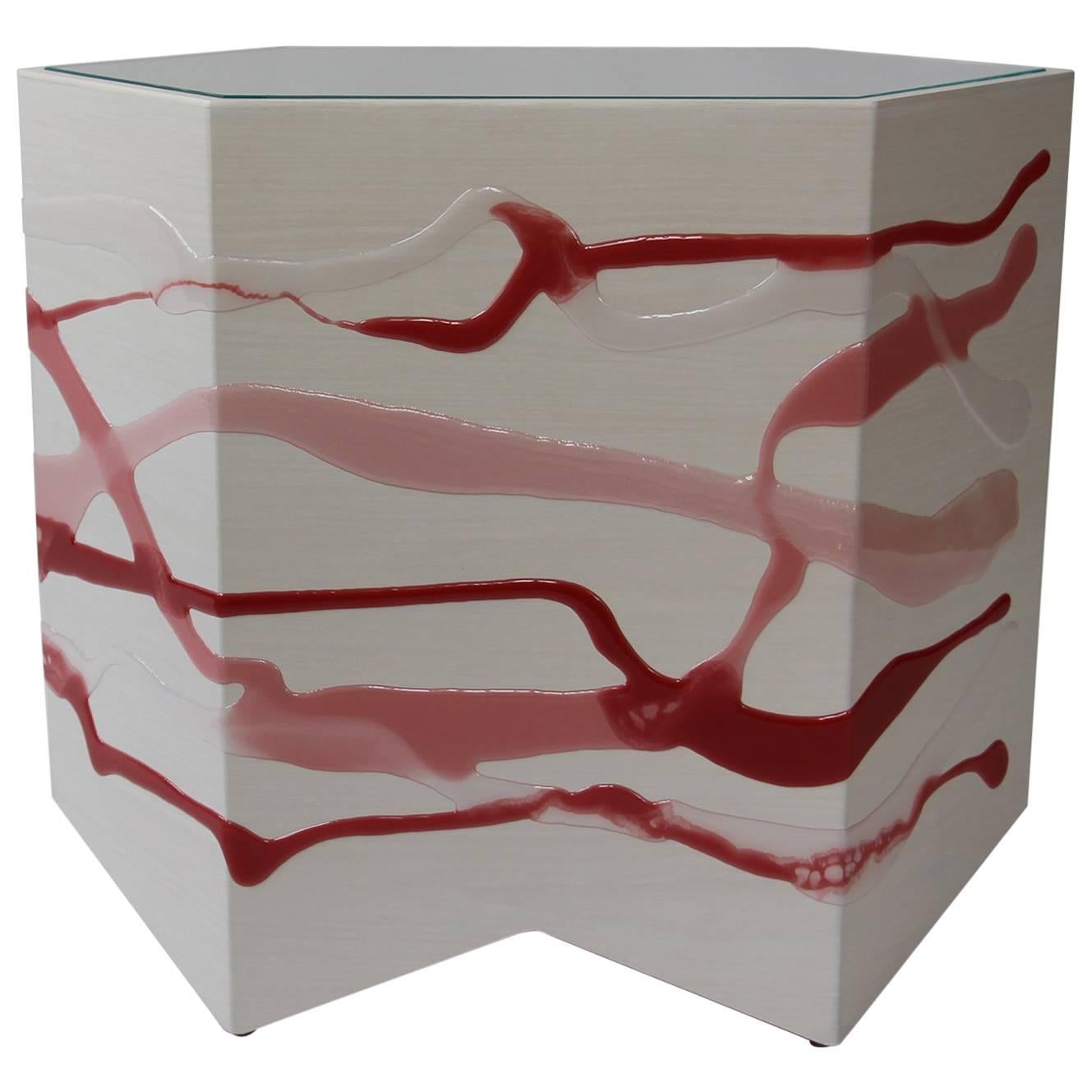 Custom Drip/Fold Side Table, Ash Plywood with Rose-Wine Resin and Glass Top For Sale