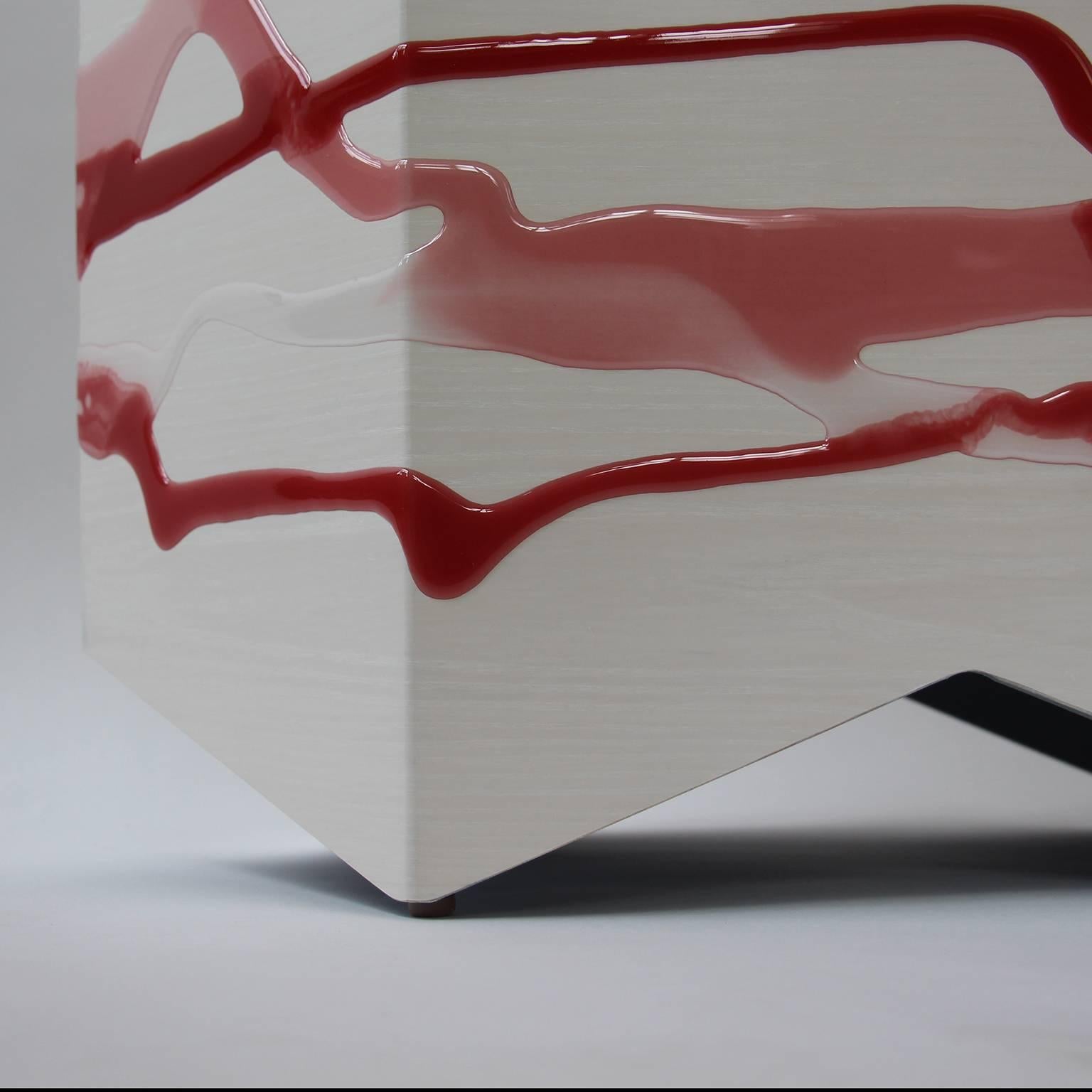 Organic Modern Custom Drip/Fold Side Table, Ash Plywood with Rose-Wine Resin and Glass Top For Sale