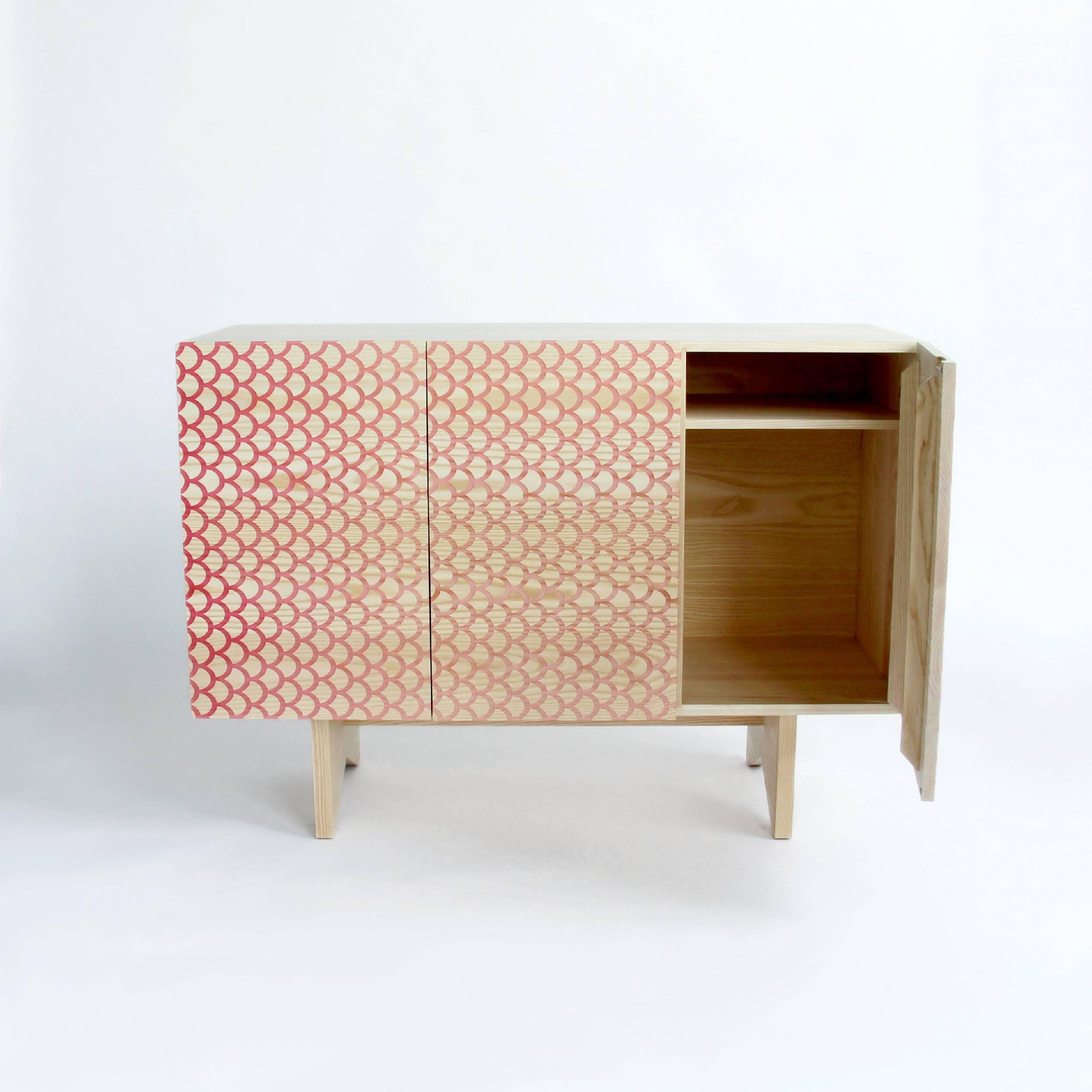 American Custom Koi Credenza in Ash, Inlaid with Translucent Red Resin For Sale