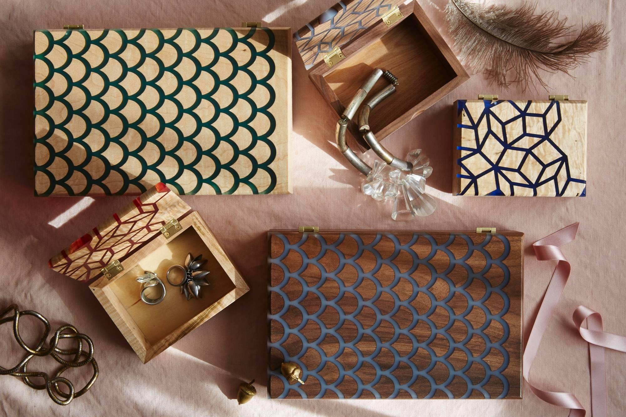 Inlay Koi Treasure Box in Walnut with Inlaid Resin - In Stock