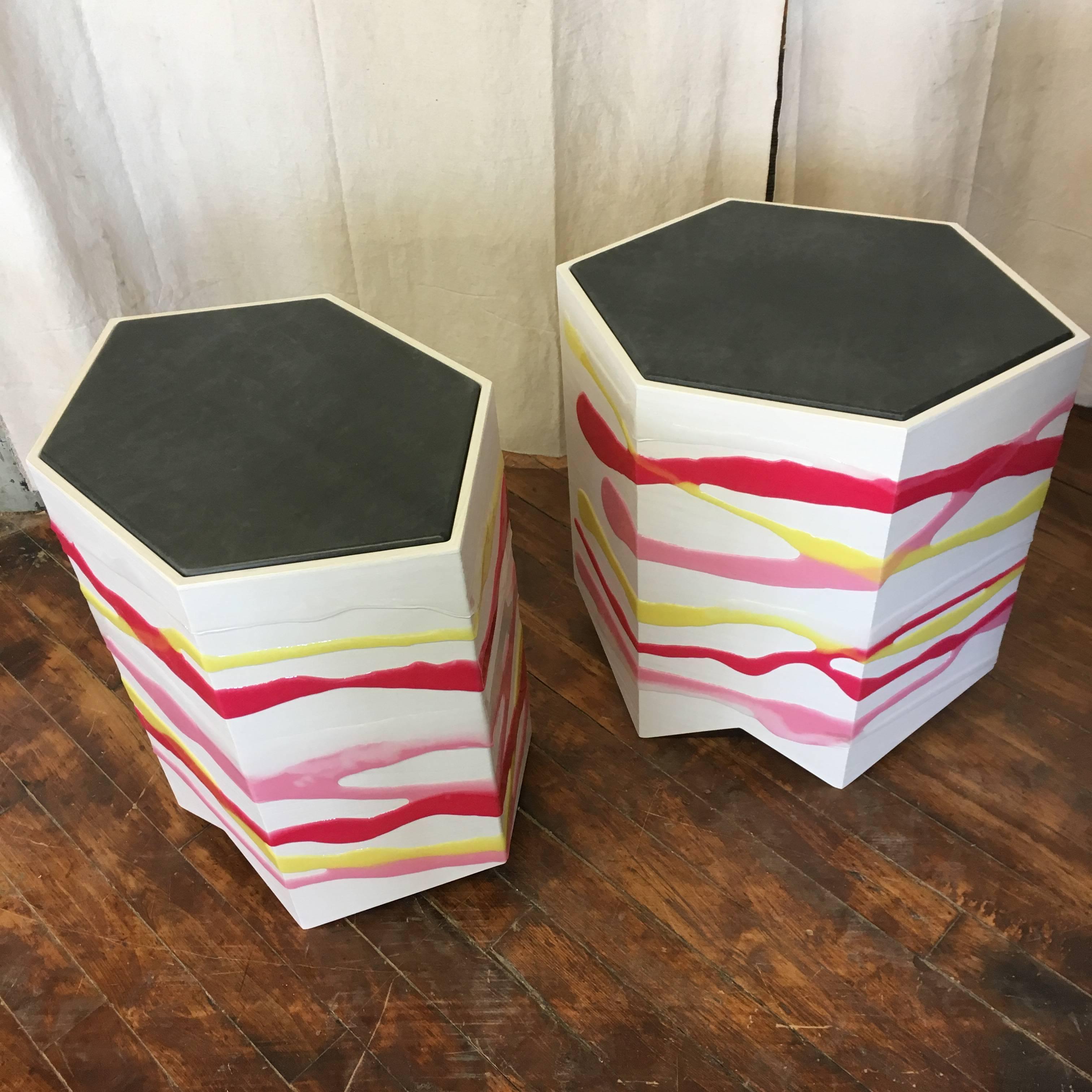 Organic Modern Pair of Custom Drip/Fold Side Tables in Ash, Resin and Leather For Sale