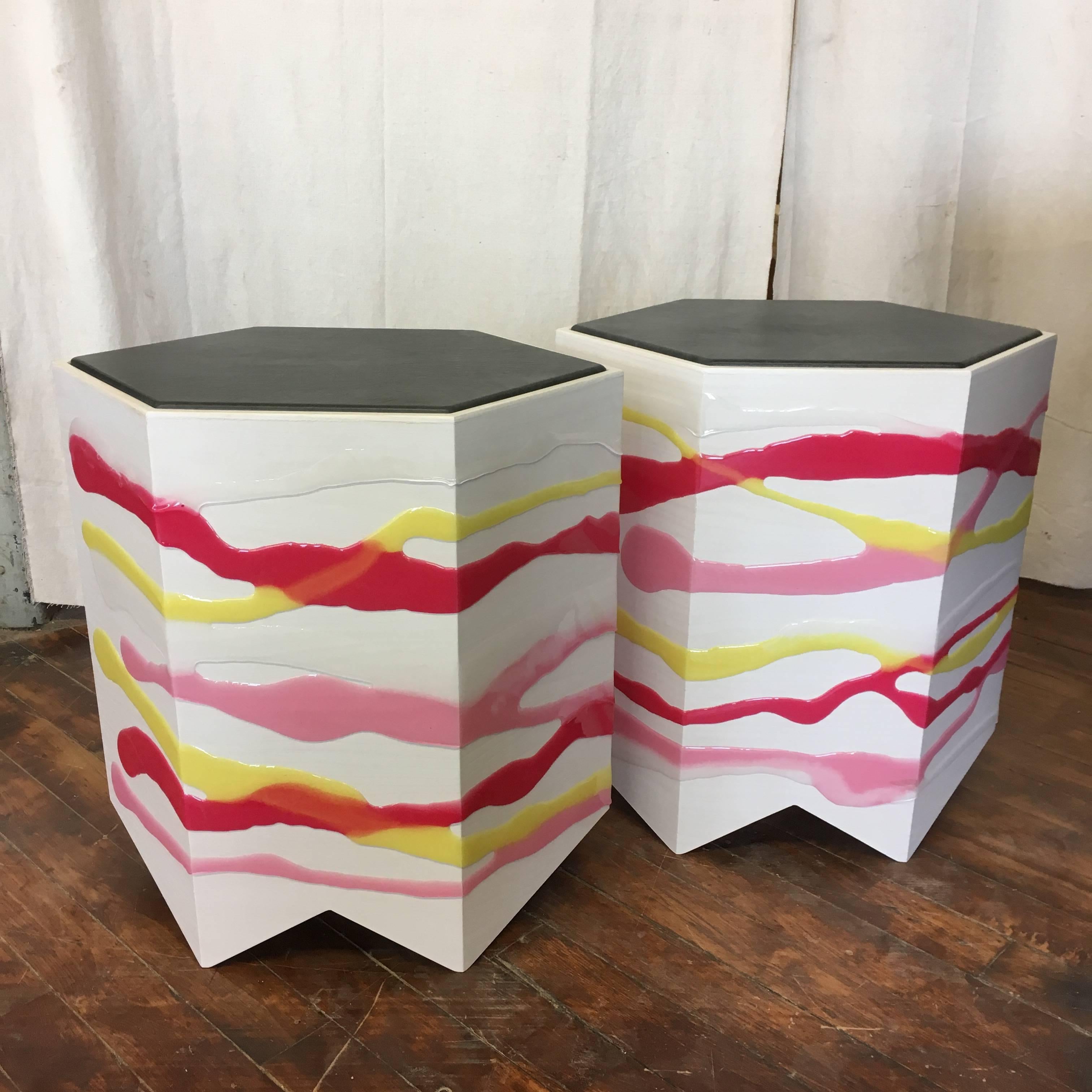 American Pair of Custom Drip/Fold Side Tables in Ash, Resin and Leather For Sale