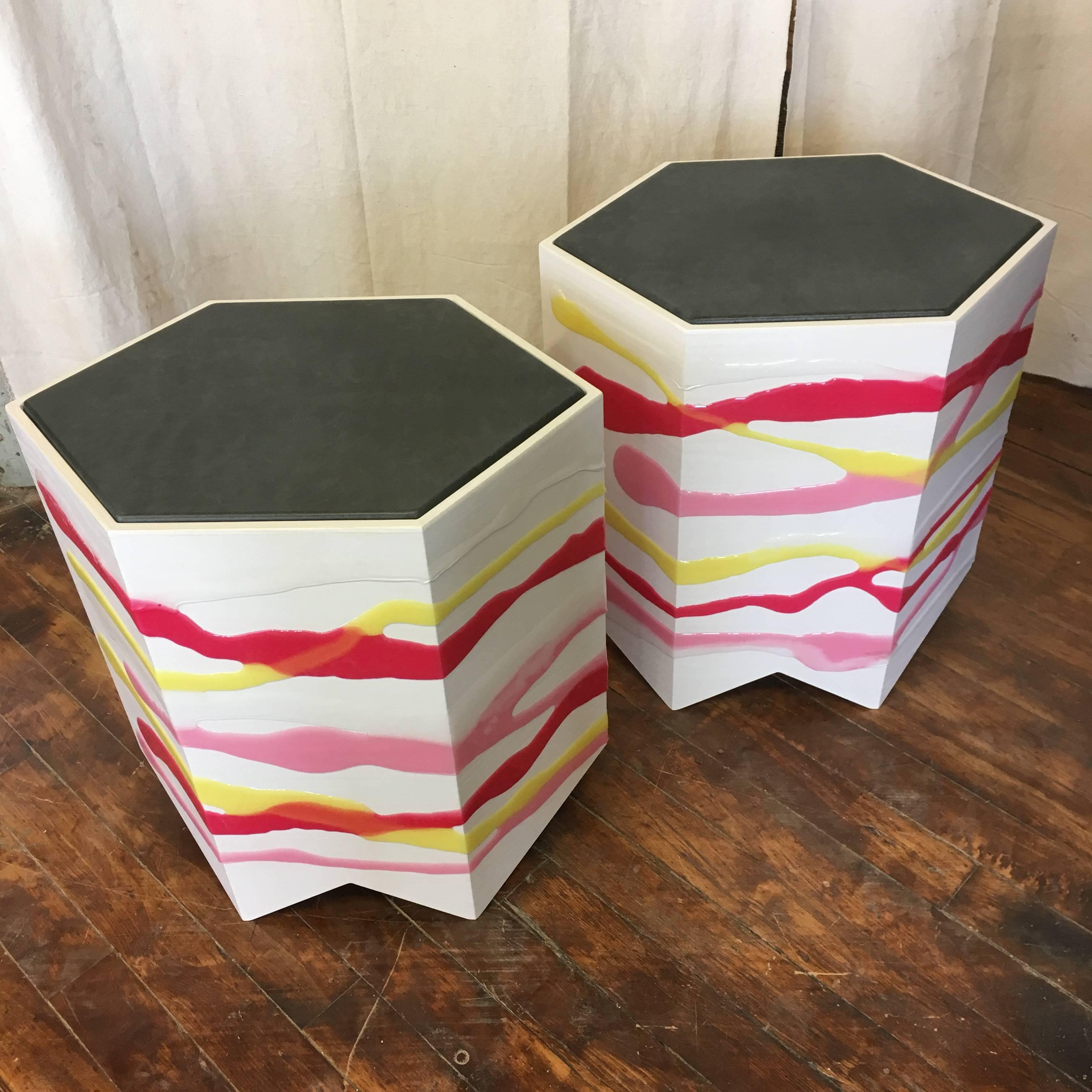Pair of Custom Drip/Fold Side Tables in Ash, Resin and Leather In New Condition For Sale In Brooklyn, NY