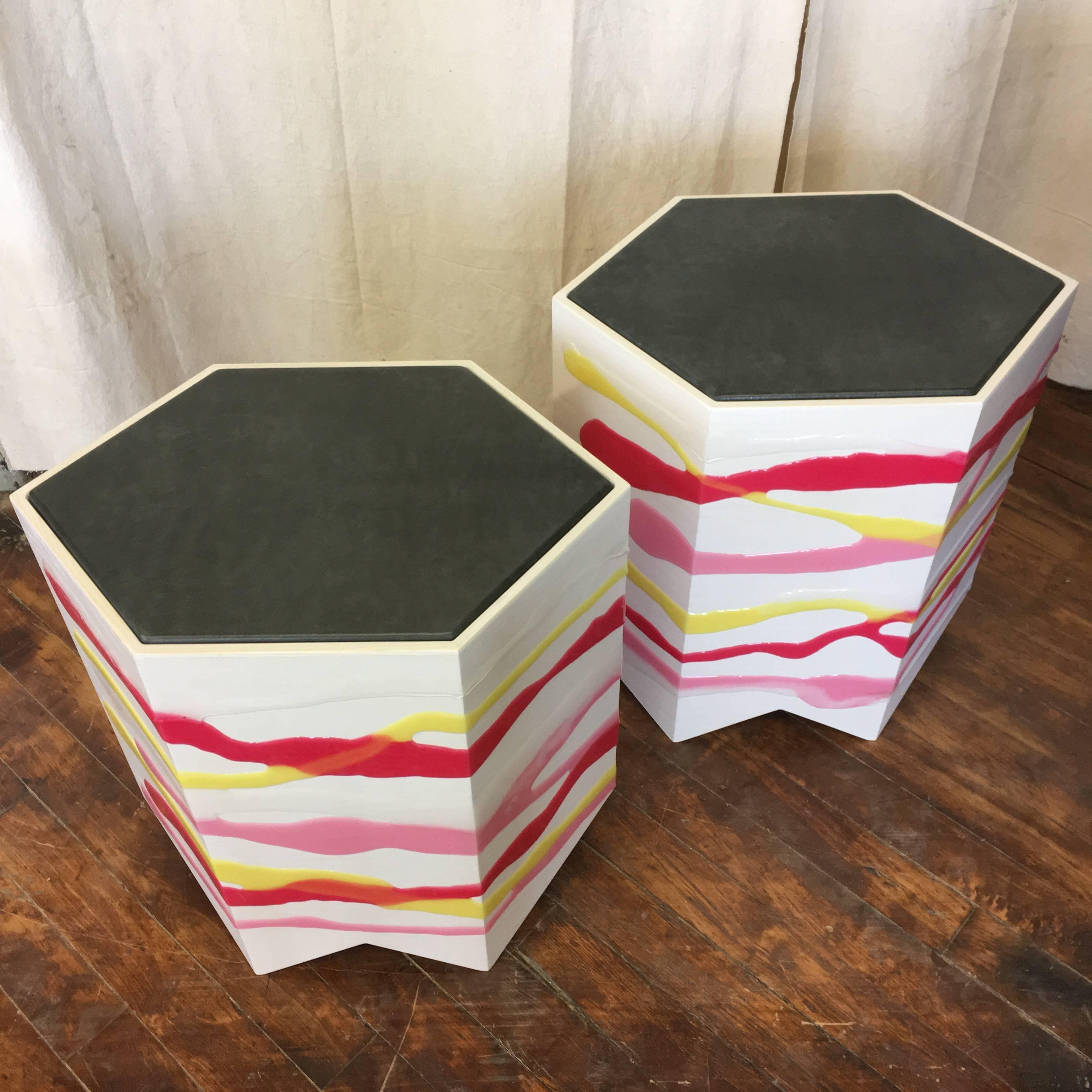 Contemporary Pair of Custom Drip/Fold Side Tables in Ash, Resin and Leather For Sale