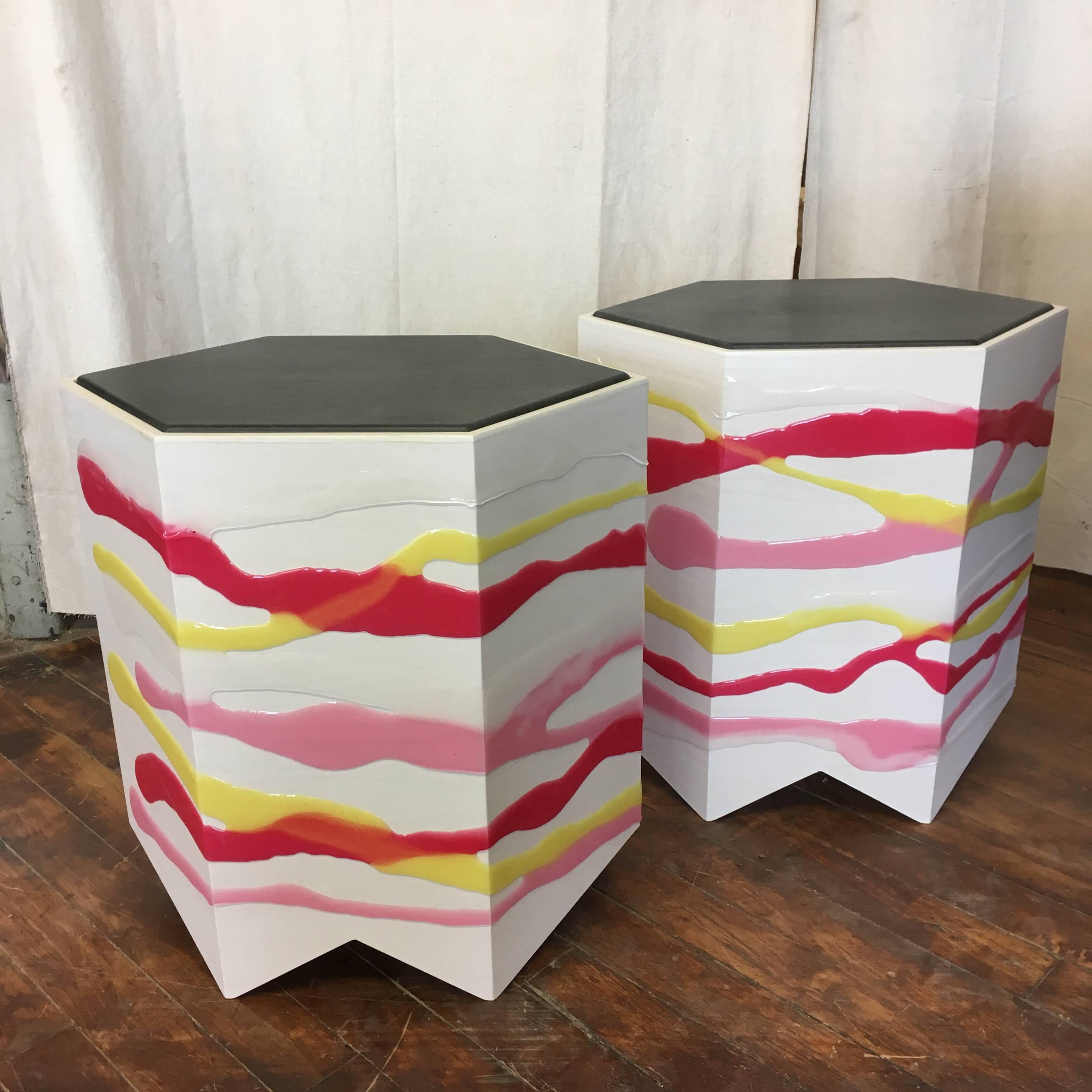 Epoxy Resin Pair of Custom Drip/Fold Side Tables in Ash, Resin and Leather For Sale