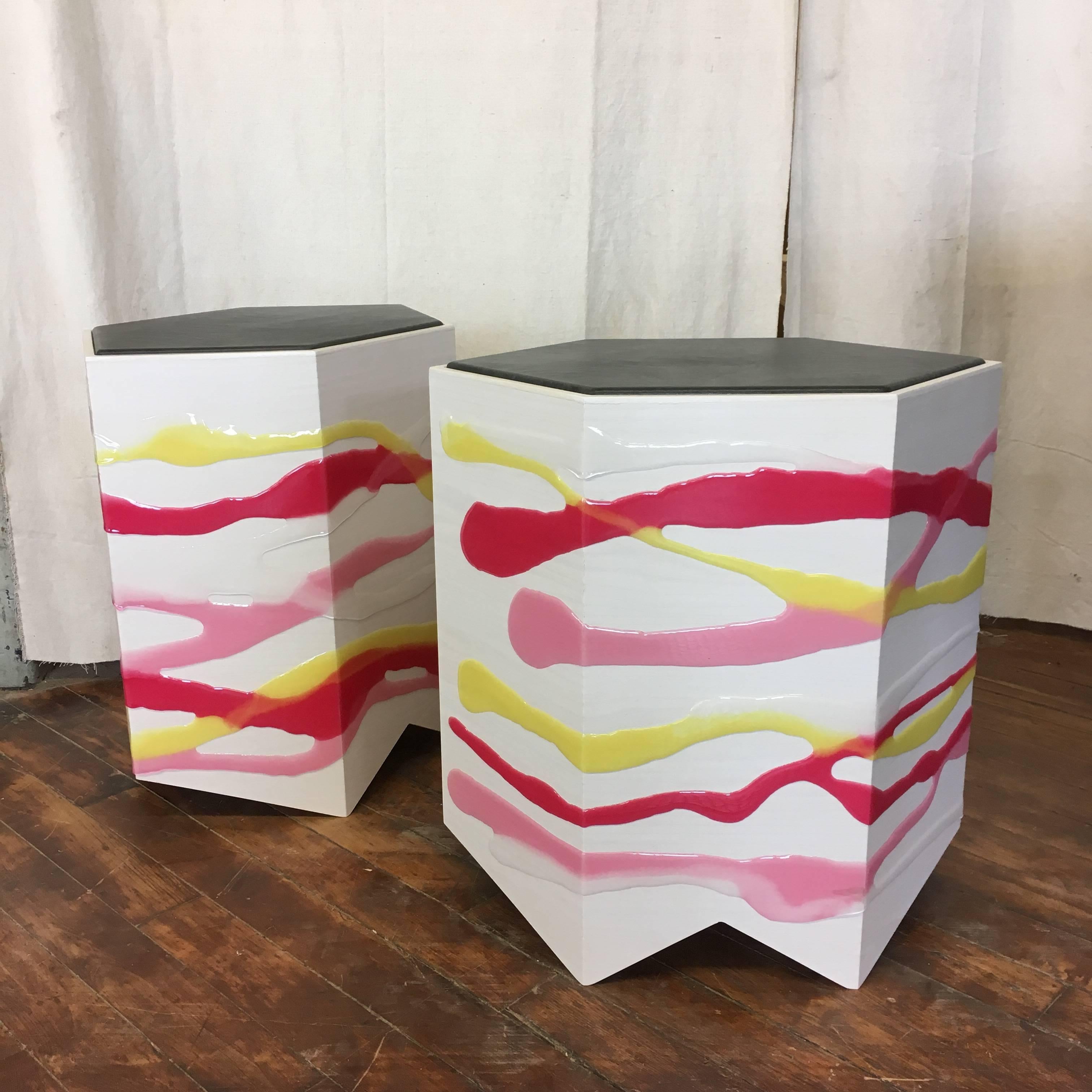 Pair of Custom Drip/Fold Side Tables in Ash, Resin and Leather For Sale 1
