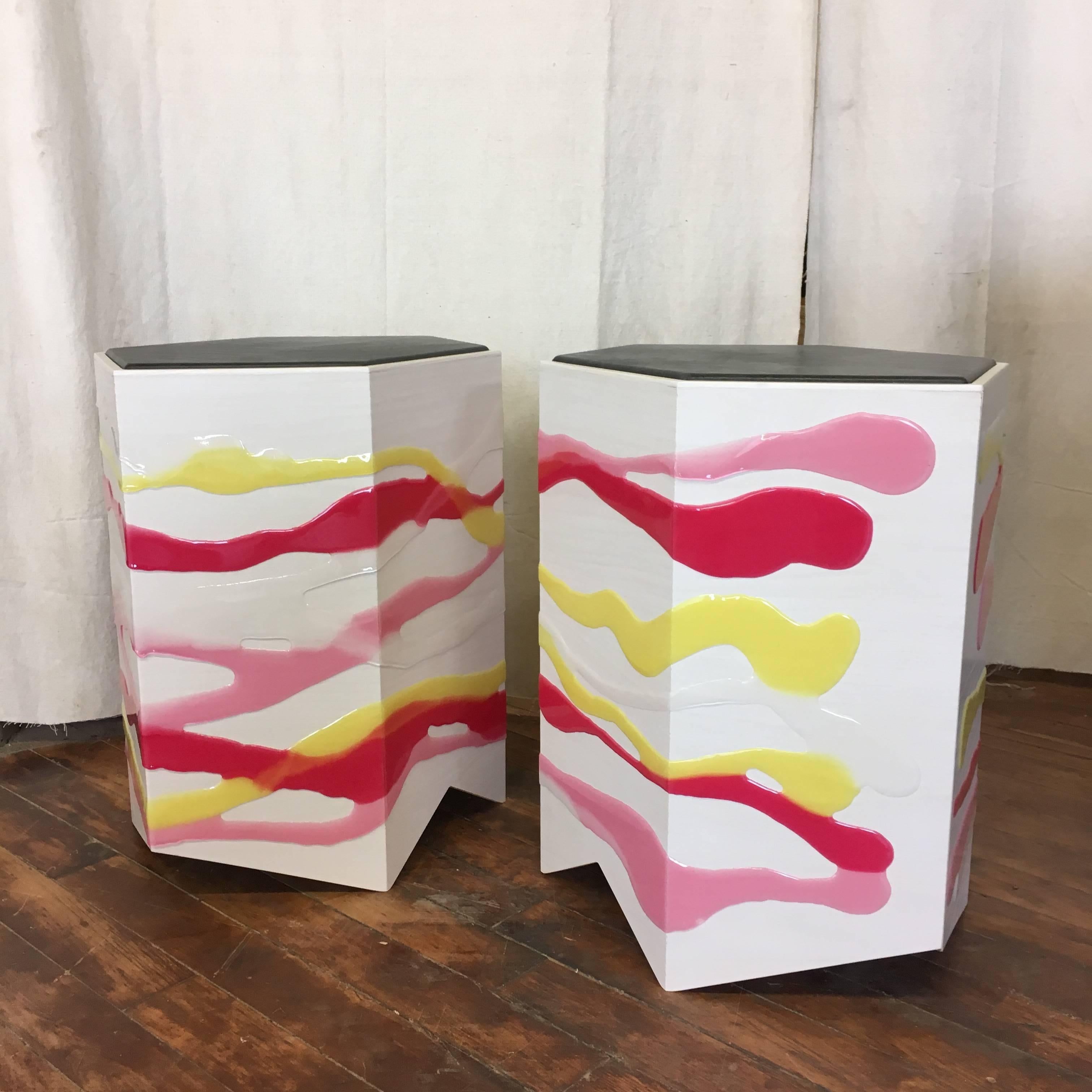 Pair of Custom Drip/Fold Side Tables in Ash, Resin and Leather For Sale 2