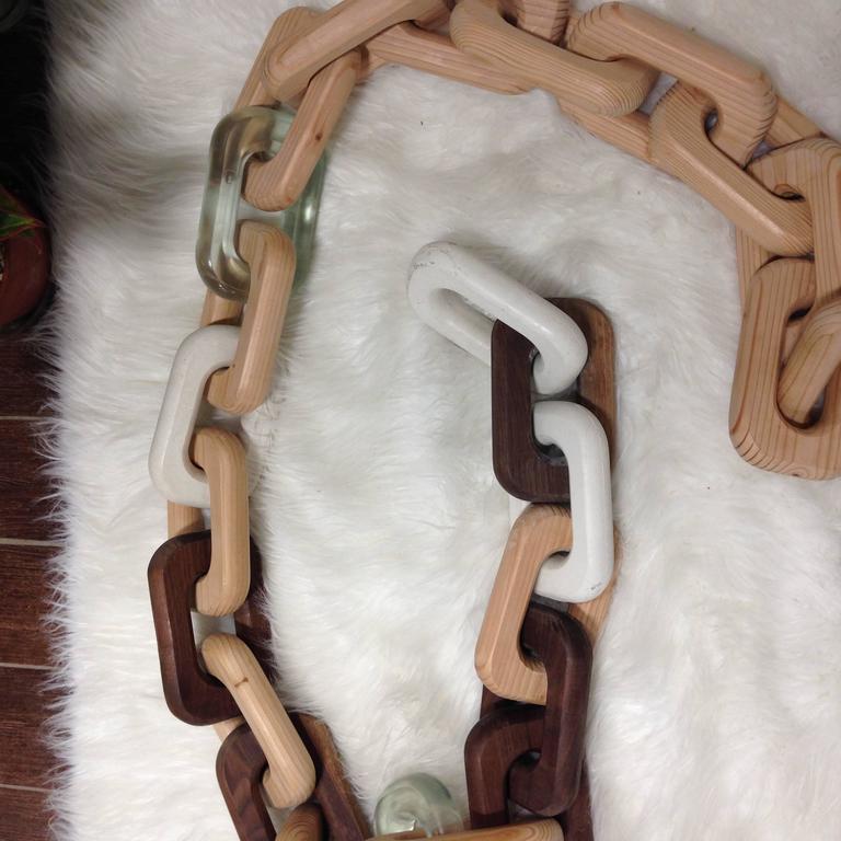 Chain Decorative Object Hanging Sculpture in Walnut, Fir, Concrete and