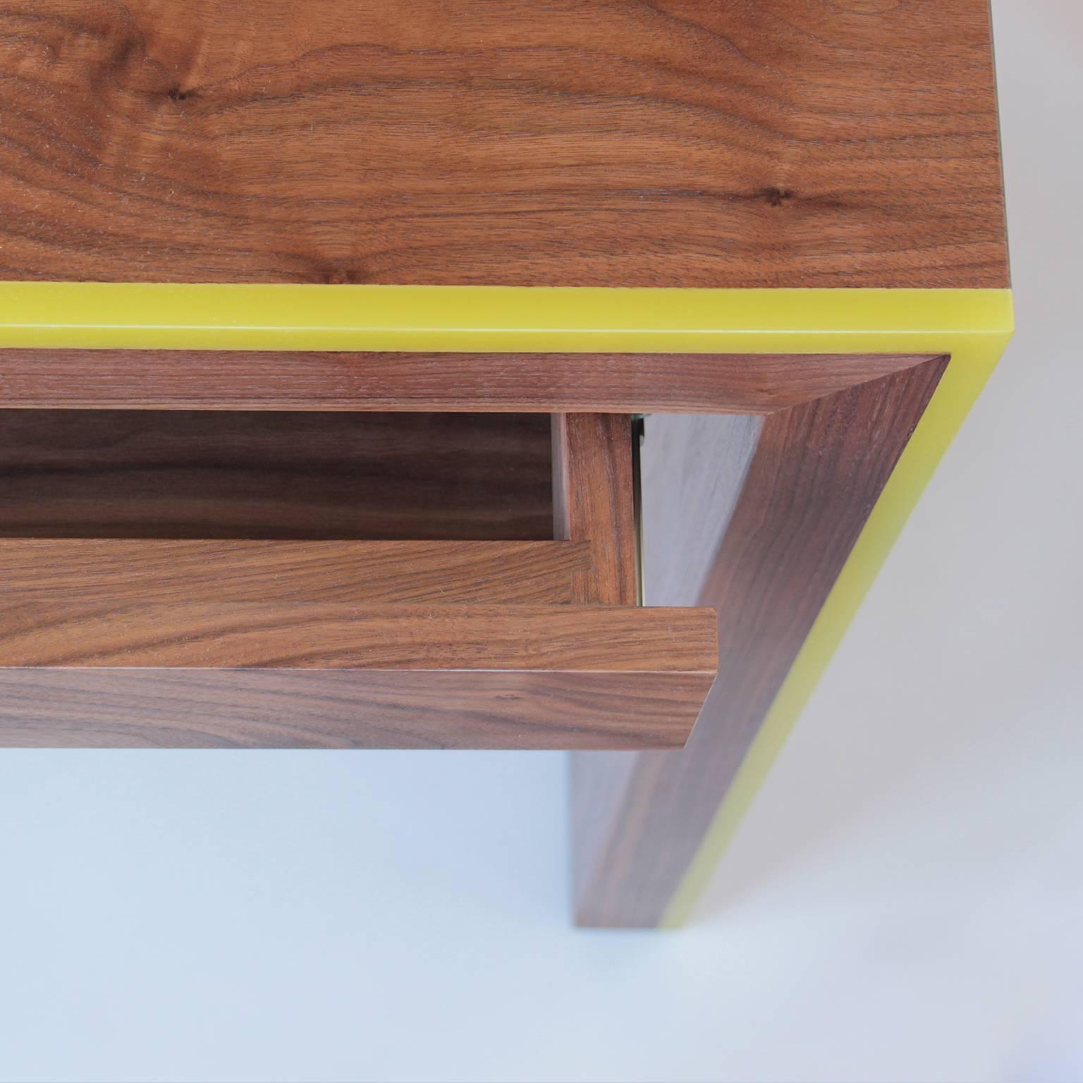 Modern Custom Monster Island Three-Drawer Desk in Walnut, Edged in Yellow Resin For Sale