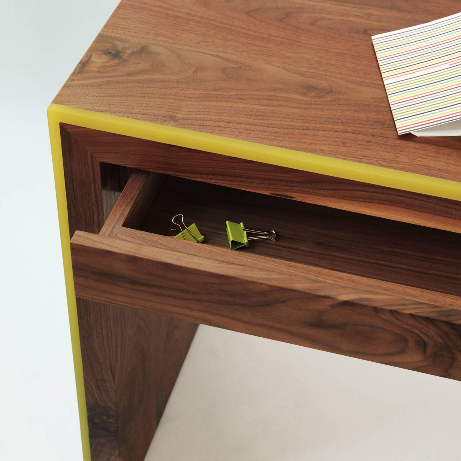 Inlay Custom Monster Island Three-Drawer Desk in Walnut, Edged in Yellow Resin For Sale