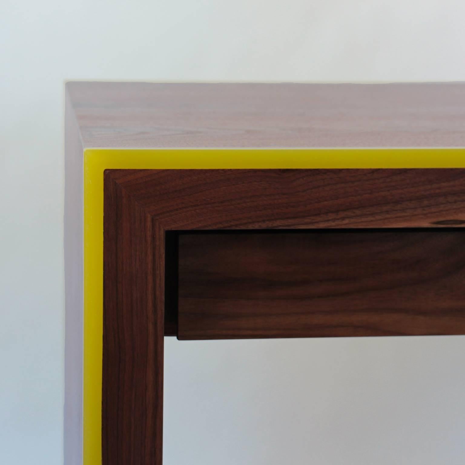 Custom Monster Island Three-Drawer Desk in Walnut, Edged in Yellow Resin In New Condition For Sale In Brooklyn, NY