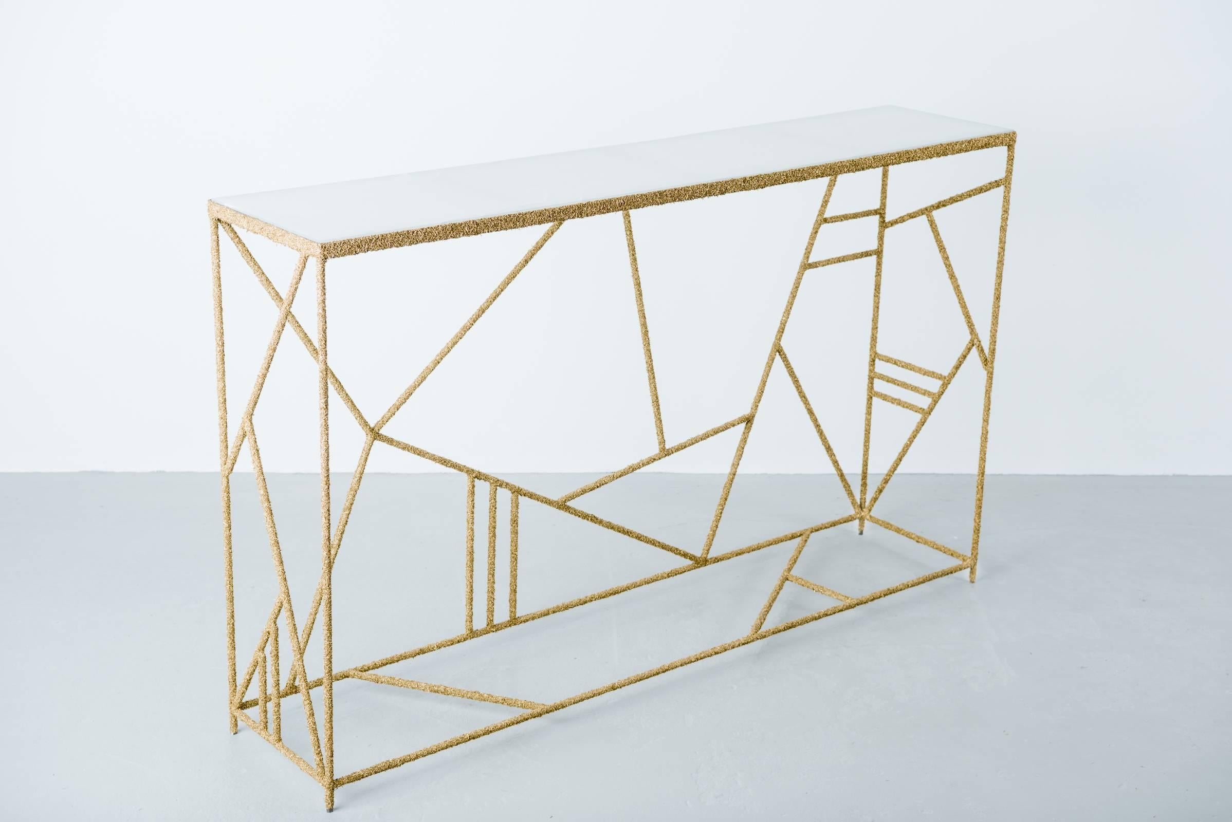 American Hand Made Brass Shavings and Honed White Italian Onyx Console, by Samuel Amoia For Sale