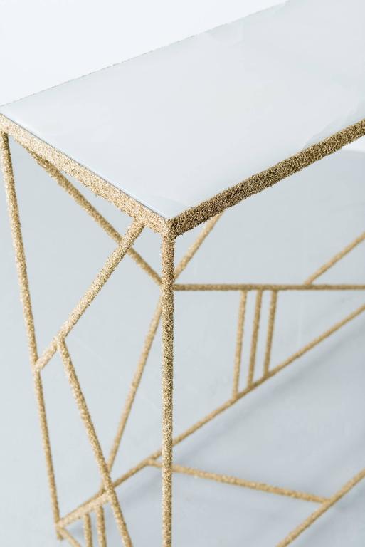 Contemporary Hand Made Brass Shavings and Honed White Italian Onyx Console, by Samuel Amoia For Sale