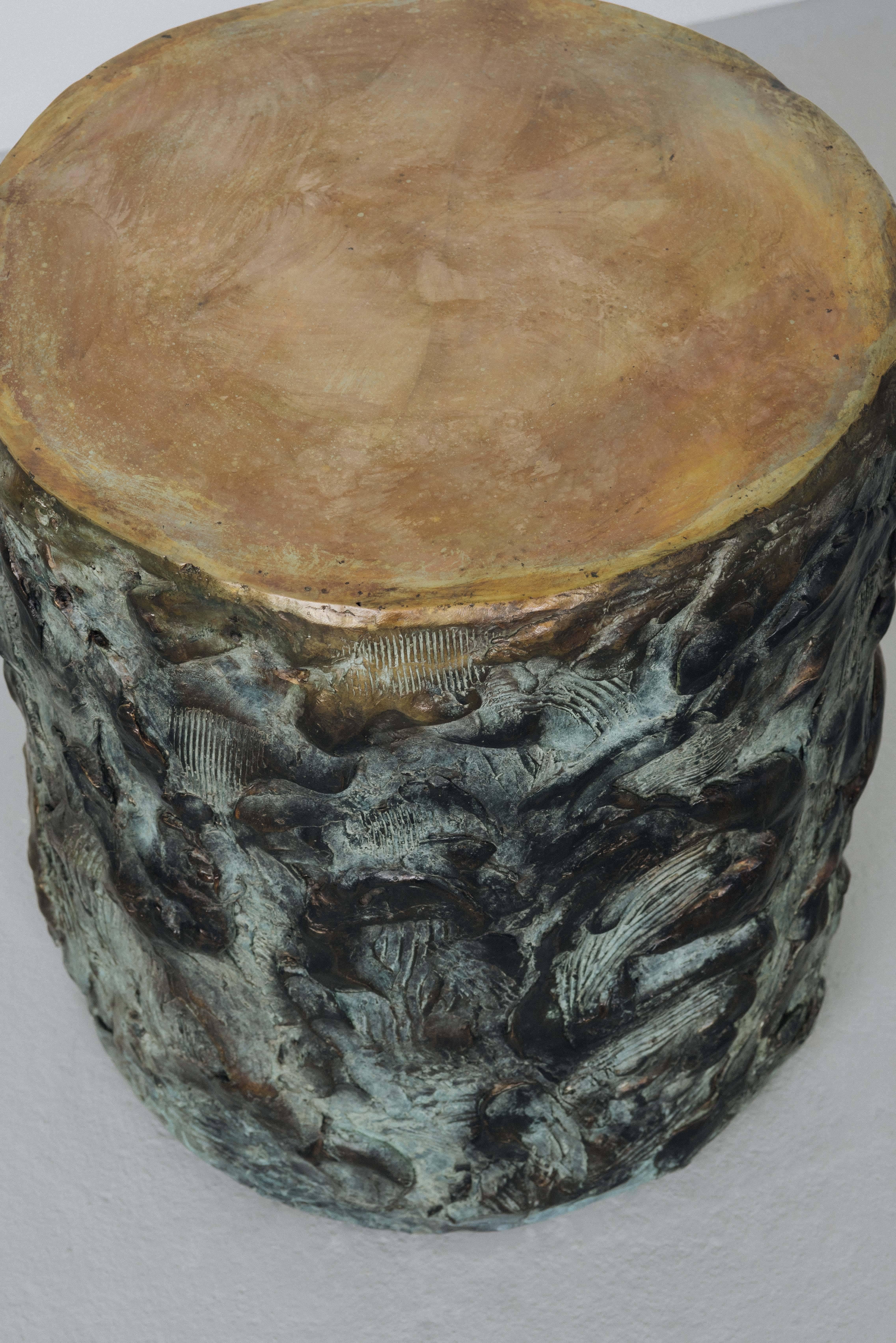 Contemporary Hand Made Drum Side Table of Sculpted Bronze, by Samuel Amoia For Sale