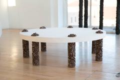 Hand Made 7 Leg Coffee Table Made of Picasso Jasper Stone and White Plaster Top