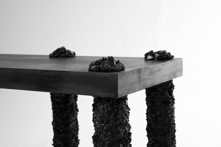 Contemporary Hand Made Console of Black Tourmaline of India and Black Cement, by Samuel Amoia For Sale