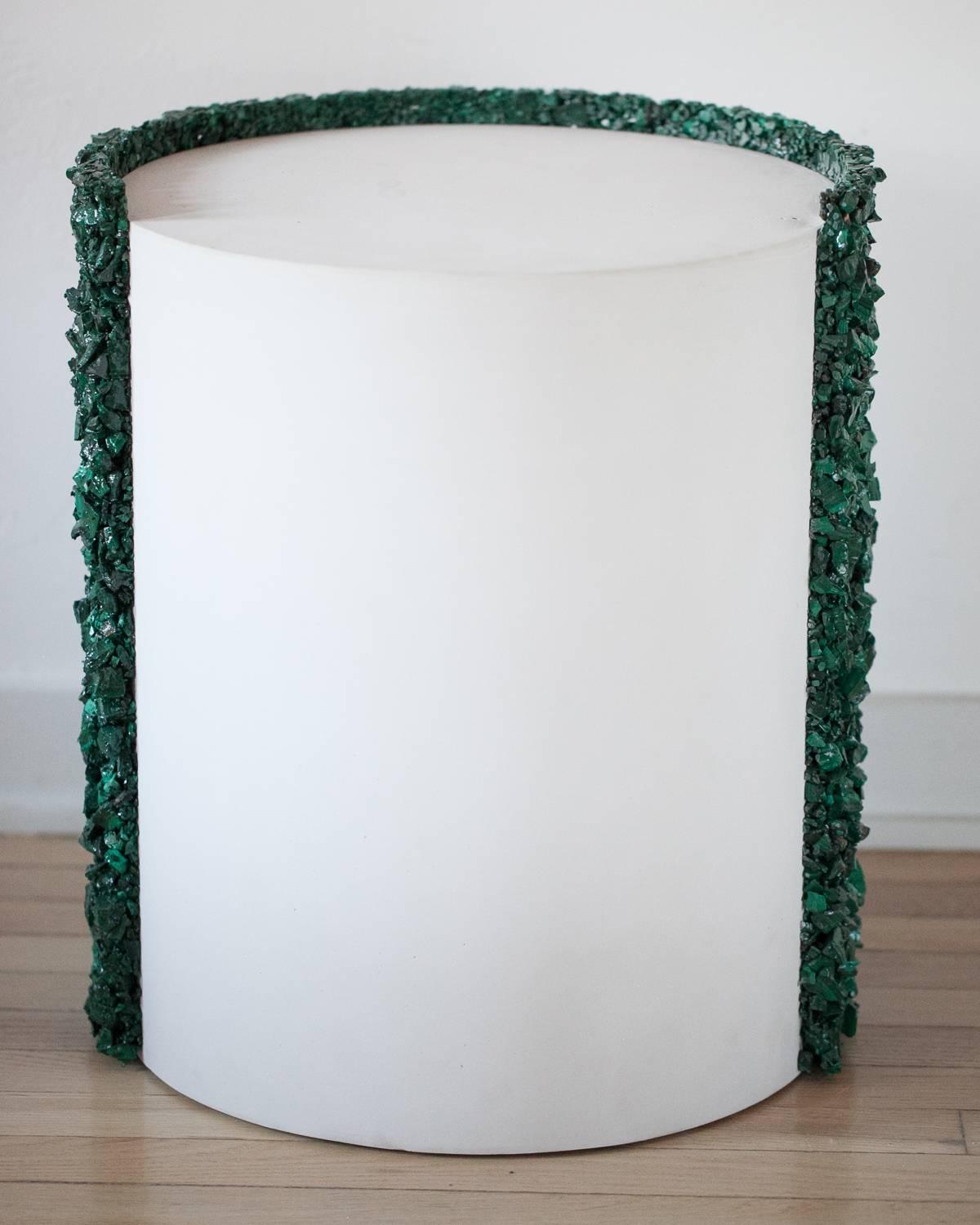 Hand Made Malachite and White Plaster Drum, Side Table by Samuel Amoia In New Condition For Sale In New York, NY