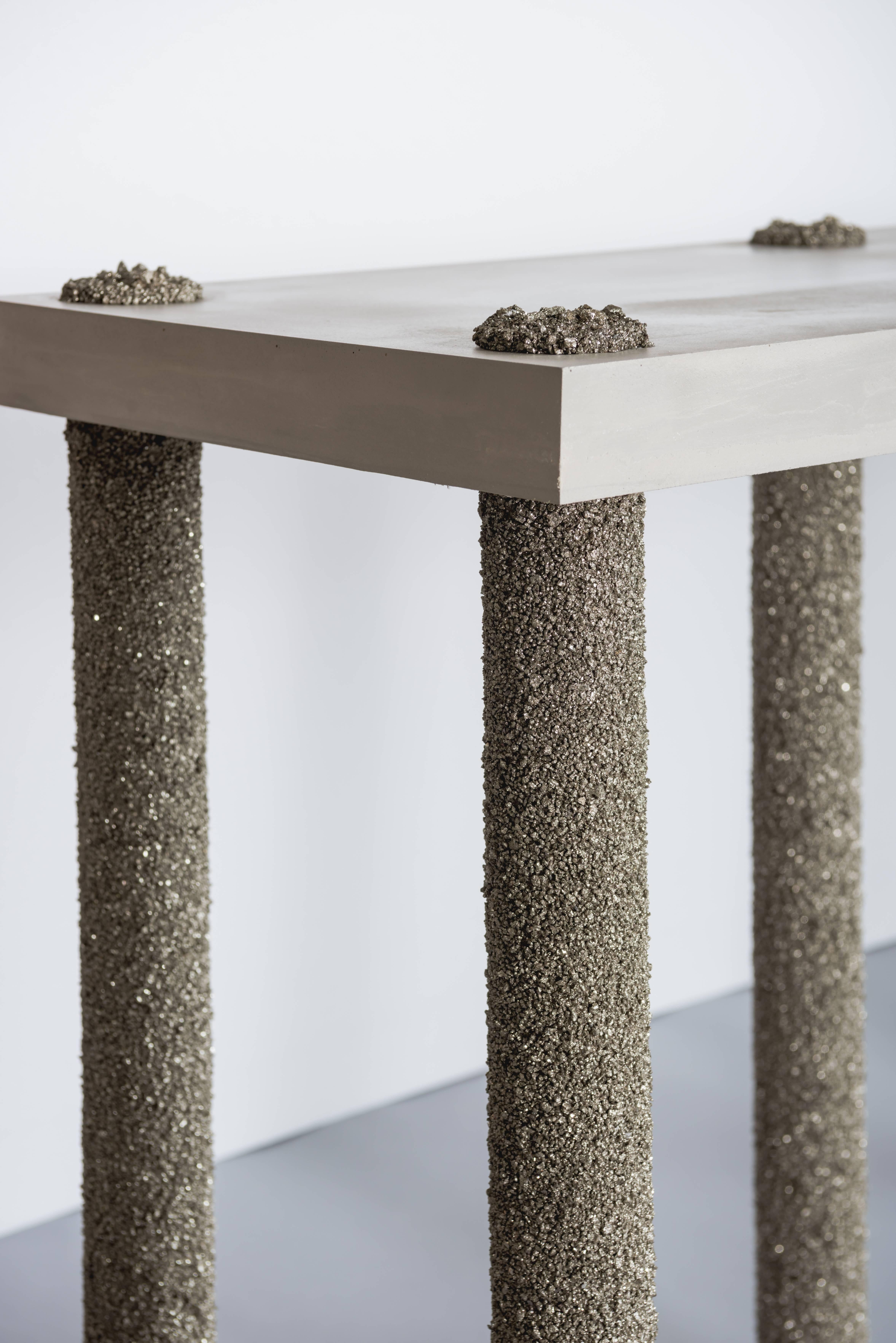 Contemporary Hand Made Console of Crushed Pyrite from Mexico and Grey Cement, by Samuel Amoia For Sale